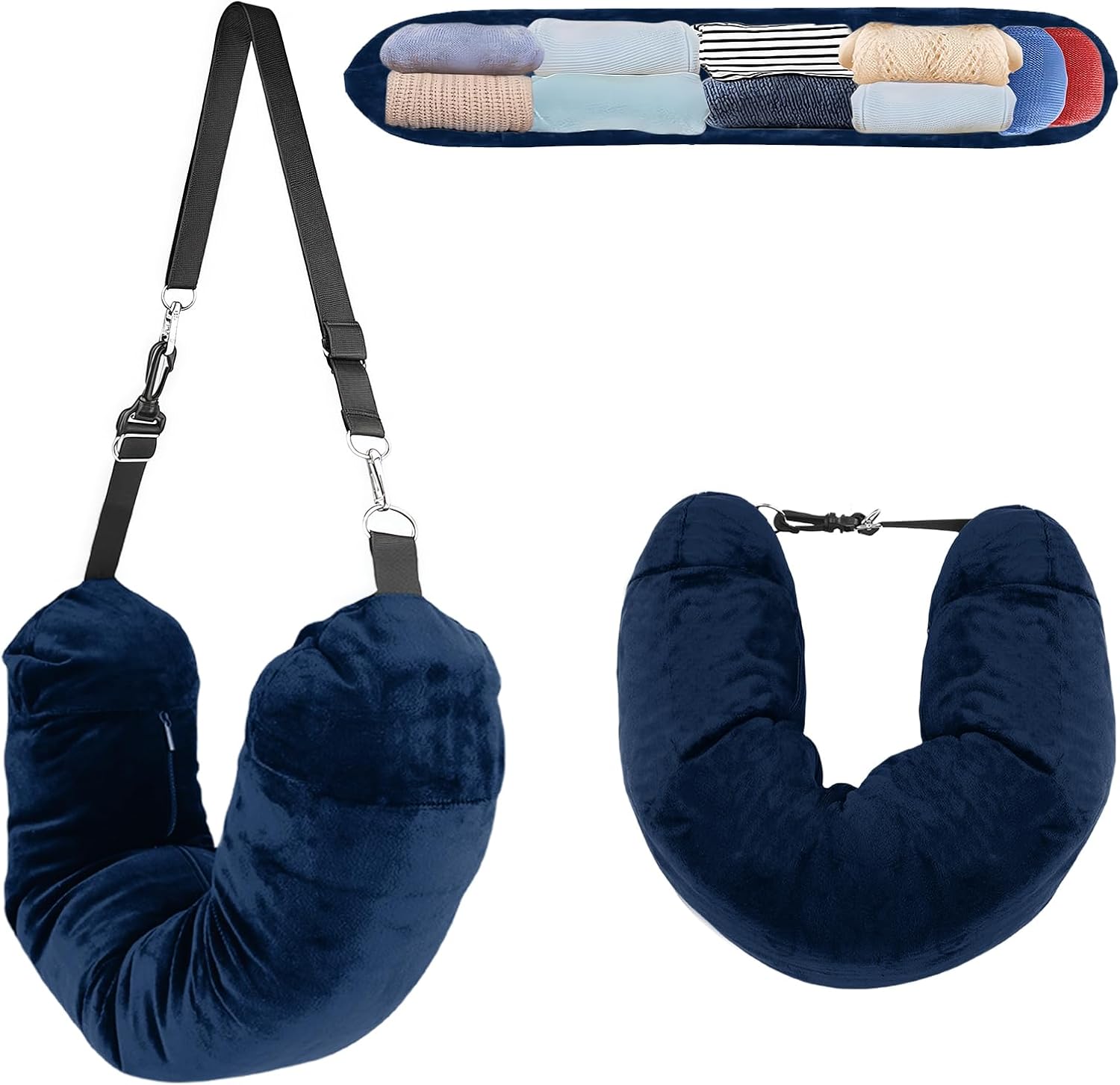 Soft Stuffable Neck Pillow for Travel Multifunctional U-Shaped Cushion Fillable with Clothes for Extra Luggage Space, Adjustable Strap for Airplane, Camping, Train, Hiking (Navy Blue) Soft Stuffable Neck Pillow for Travel Multifunctional U-Shaped Cushion Fillable with Clothes for Extra Luggage Space, Adjustable Strap for Airplane, Camping, Train, Hiking (Navy Blue)