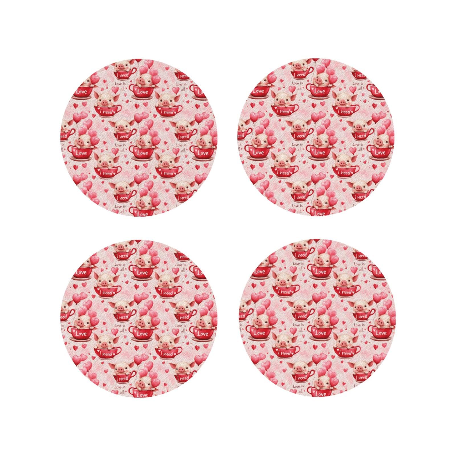 Leather Coasters Set of 4 - Cute Pink Piggy Print Lightweight Drink Coasters for Desk