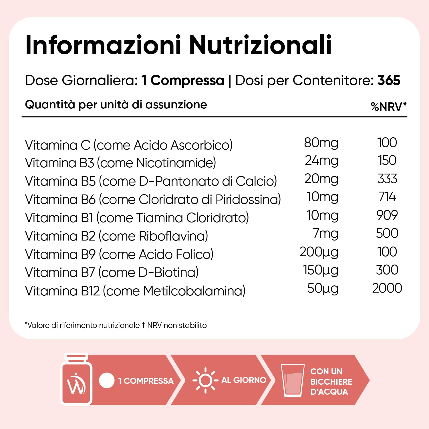 Vitamina B Complex, 365 Compresse Vegane, 1 al Giorno (1 Anno), con Biotina, Acido Folico, Riboflavina, Inositolo, Vitamina B12, B1, B3, B4, B5, B6 e Vit C (Acido Ascorbico), Senza Magnesio Stearato