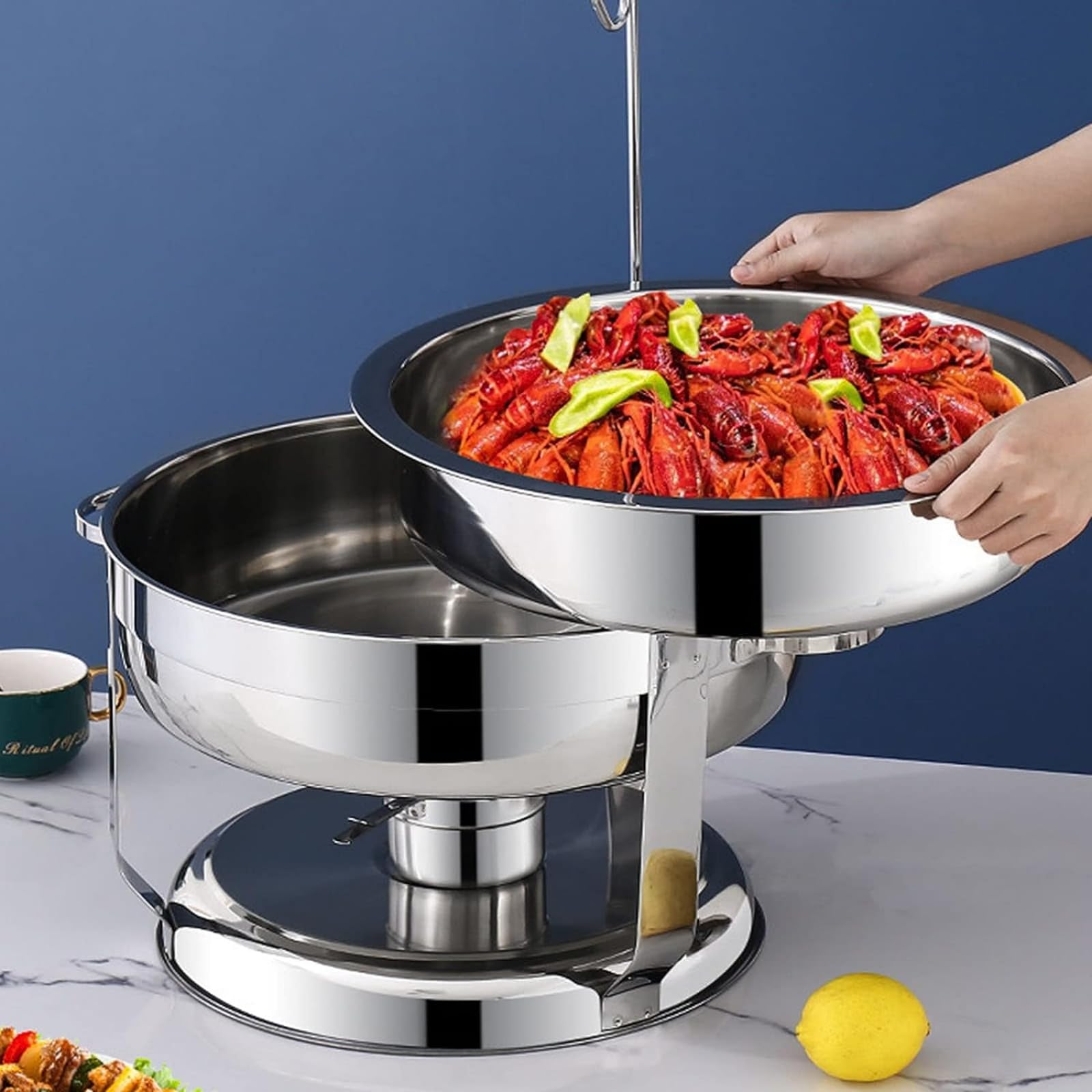 Chafing Dish in acciaio inossidabile con coperchio sospeso, set di contenitori riscaldanti per buffet di catering, include teglia per cibo, teglia per acqua, porta combustibile, per attrezzatura per