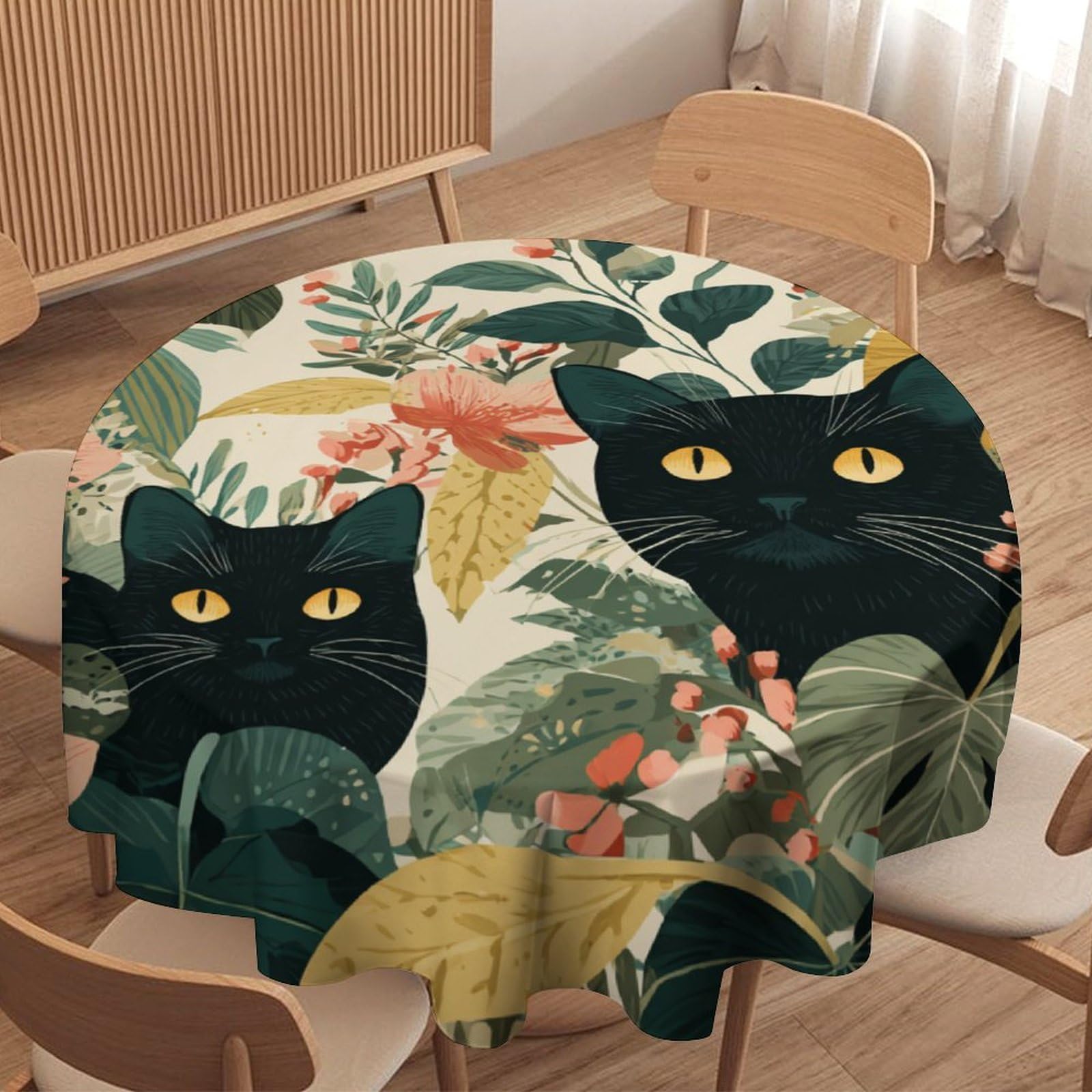 LUYYSKY Classic Abstract Black Cats Waterproof Round Tablecloth Colorful Abstract Animals Kittens Plants Floral Palm Leaves Pattern Washable Table Cover for Kitchen-36 Wx36 L