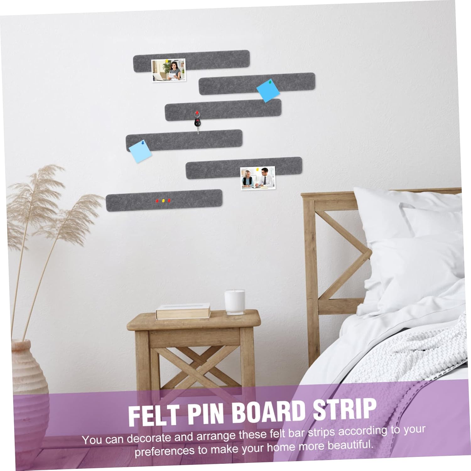8pcs Self-Adhesive Felt Bulletin Board Strips with Pushpins Versatile Memo Display Board for Photos and Notes Decorative Wall Organizer for Home and Office