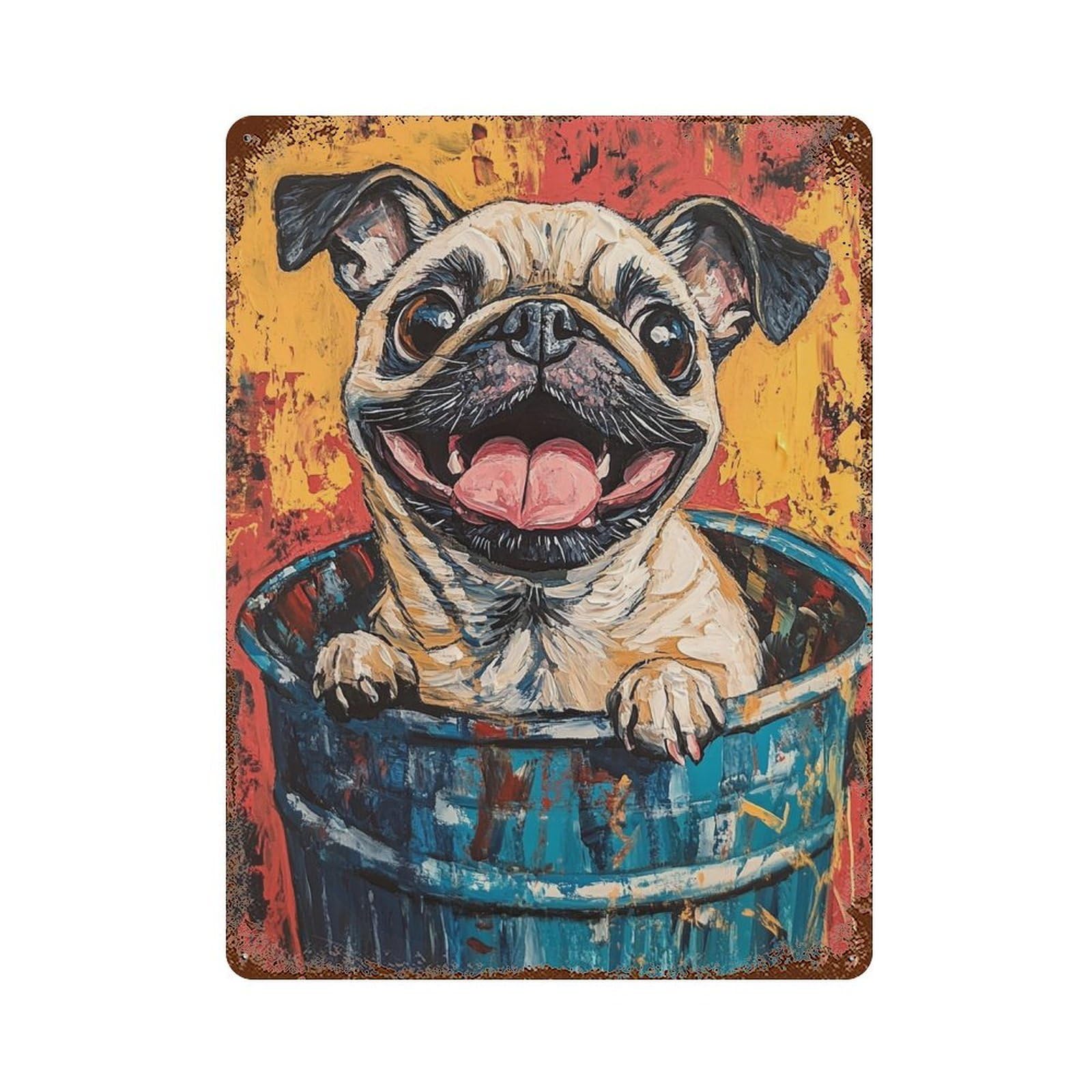 Rustic Tin Plaque Happy Pug in Trash Can 15.7"x11.8", Vintage Wall Decor for Pub, Kitchen And Man Cave Decor