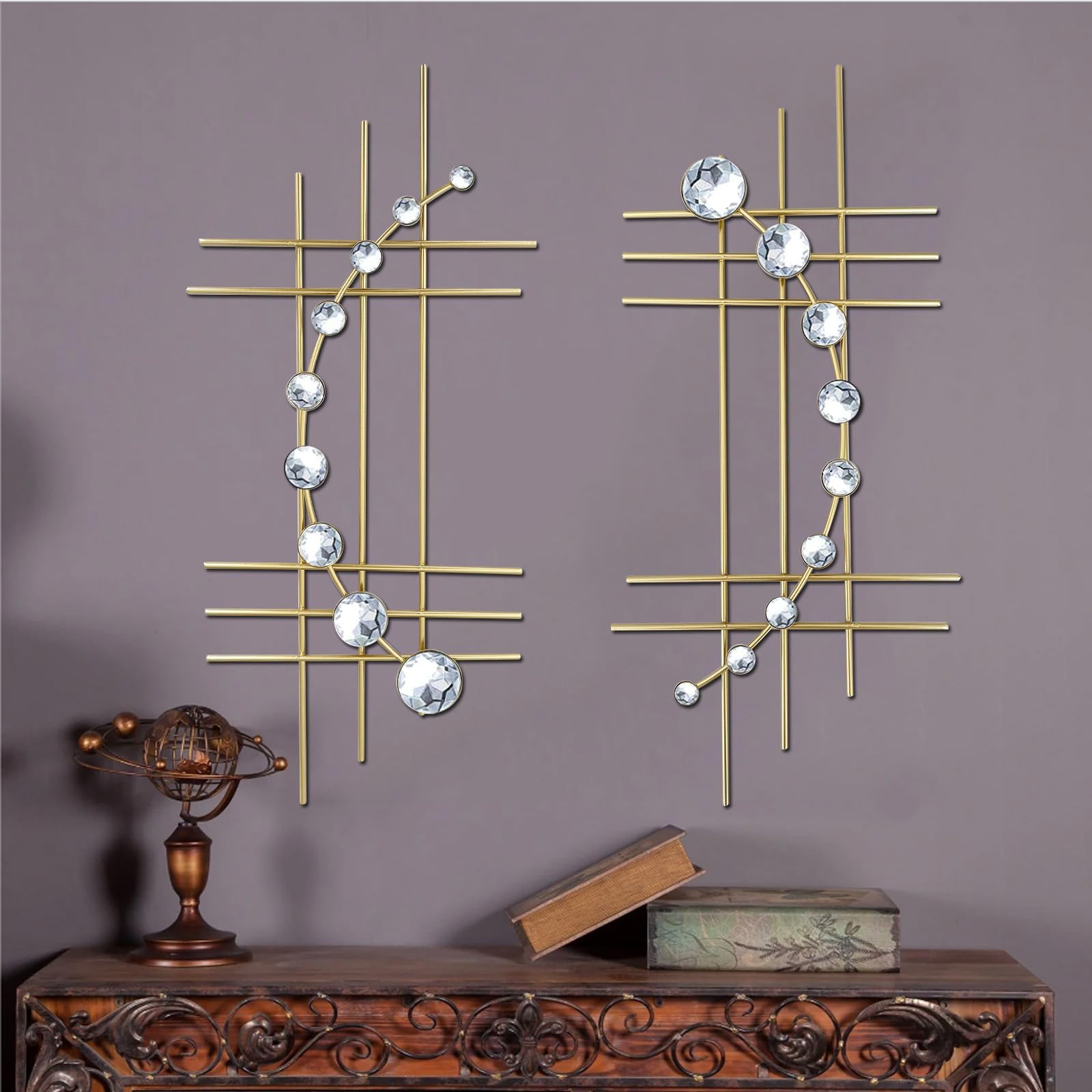 ZEXUIRU Set of 2 Metal Rhinestone Wall Decor Iron Wall Art Abstract Wall Sculpture Gold — image 1