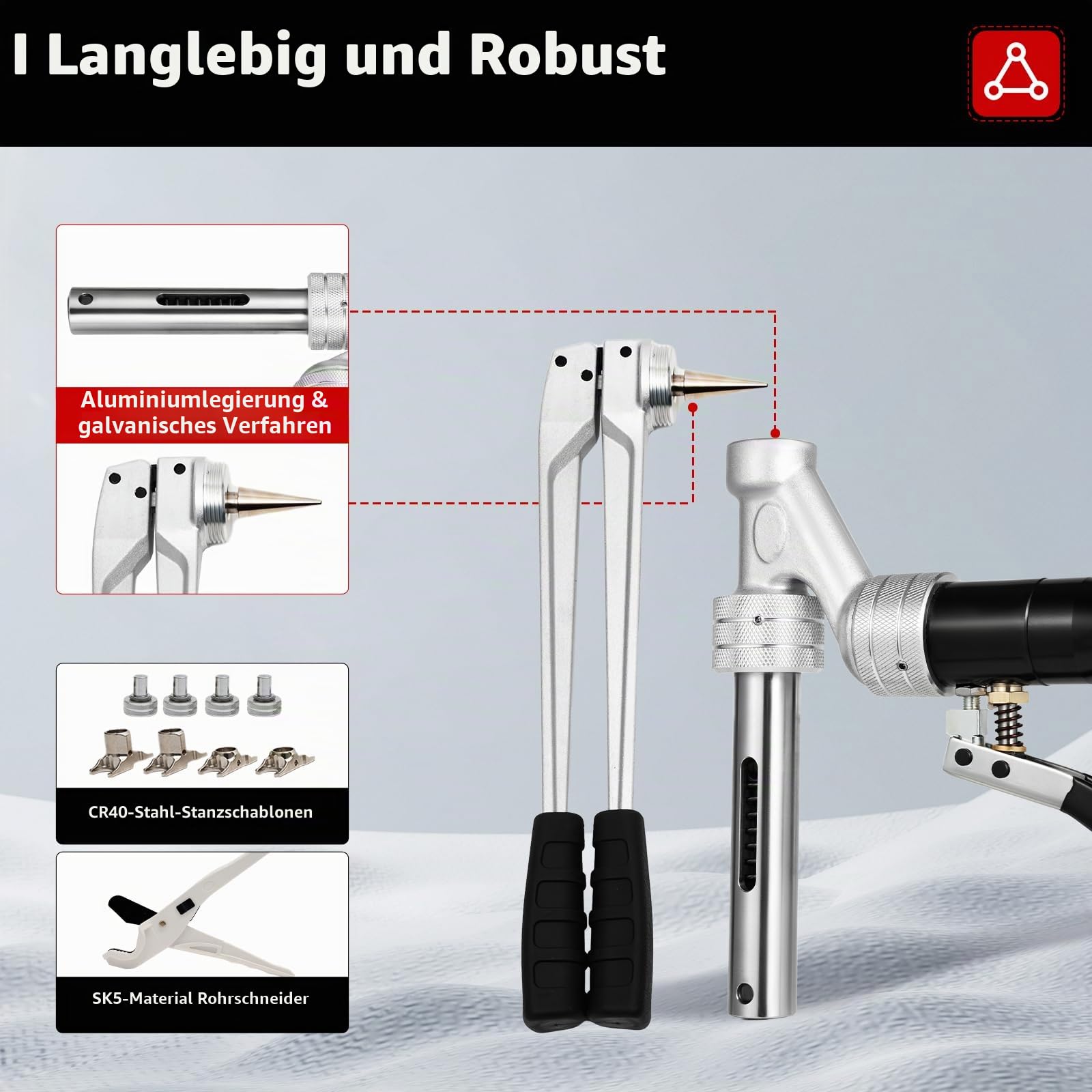 SD-1632Y Hydraulisches Schiebehülsenwerkzeug, 16-32mm Presszange & Aufweitzange Set mit 4 Dornen, 3T Druck Profi Presswerkzeug für PEX Rohre, in Kunststoff-Koffer