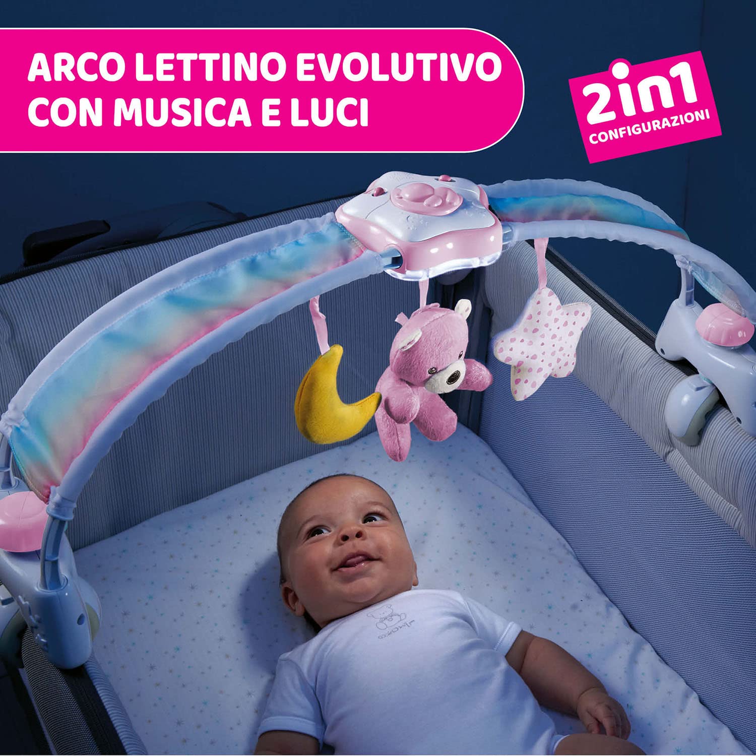 Chicco Arche Arc en Ciel Jeu de Développement 2 en 1 Compatible avec le Lit Next2Me, Panneau de Berceau avec Arche Arc-en-ciel et Veilleuse avec Musique et Pendentifs - Jouet Bébé 0+ Mois, rose