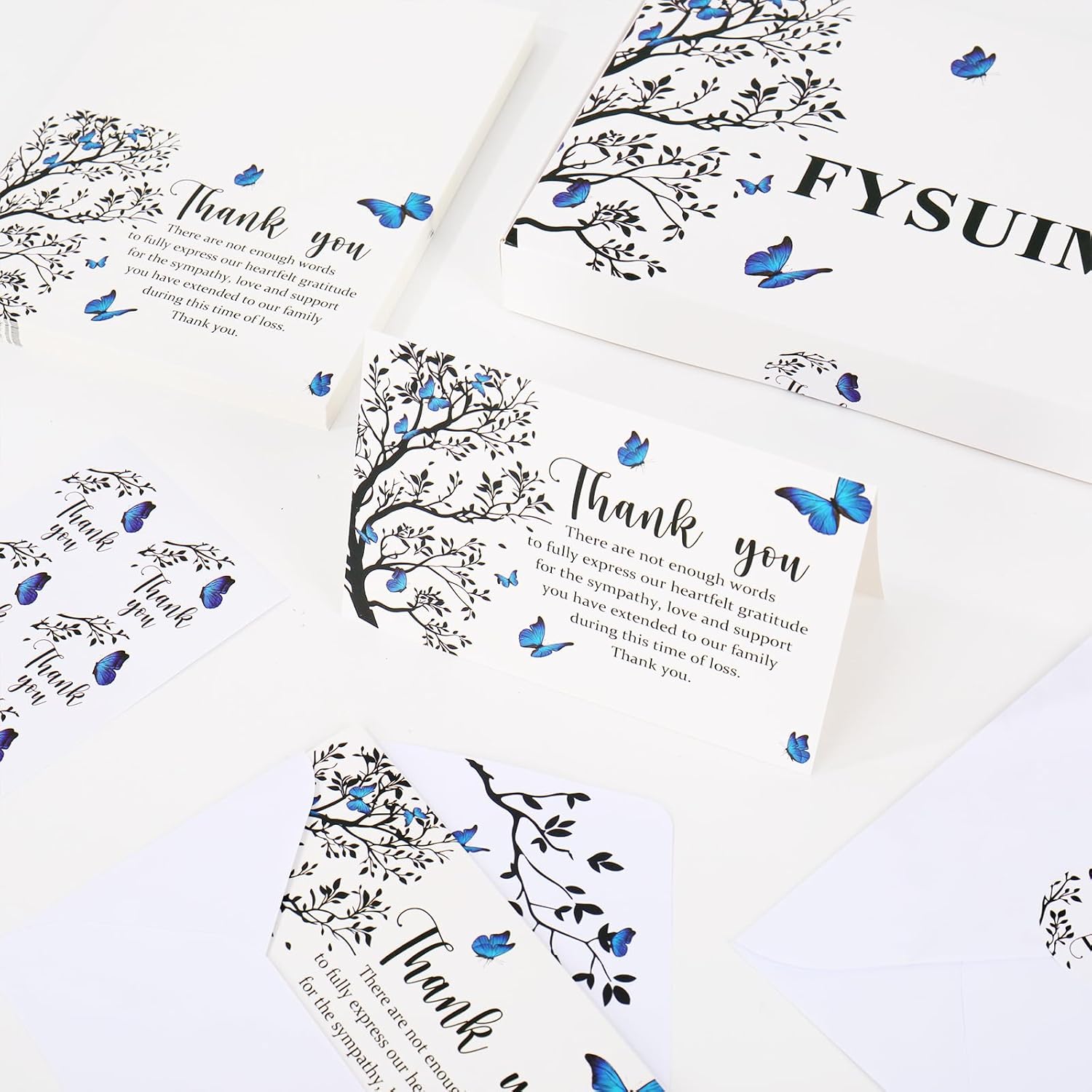 50Pcs Funeral Thank You Cards Boxed Blue Butterfly Branch Sympathy Card with Envelope Sticker Bereavement Cards for Memorial Service Loved Ones Celebration of Life - Image 4