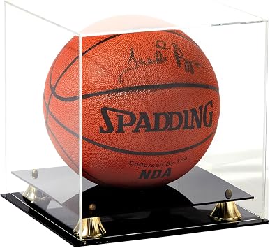 PENNZONI Basketball Display Case - Clear Acrylic Display Case with Black Acrylic Base & Gold Risers, Clear Display Case | Clear Back