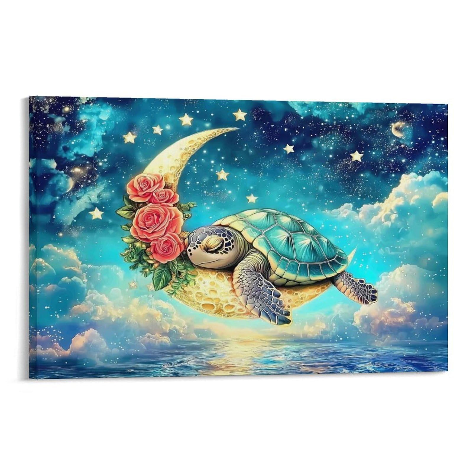 CPLVKWRQJ Sea Turtle Moon Star Single Turtle Napping on Flowered Crescent Moon Framed Canvas Wall Art - Kitchen Removable Wall Art Multi-Purpose Focal Point Decor 12x18inch(30x45cm)