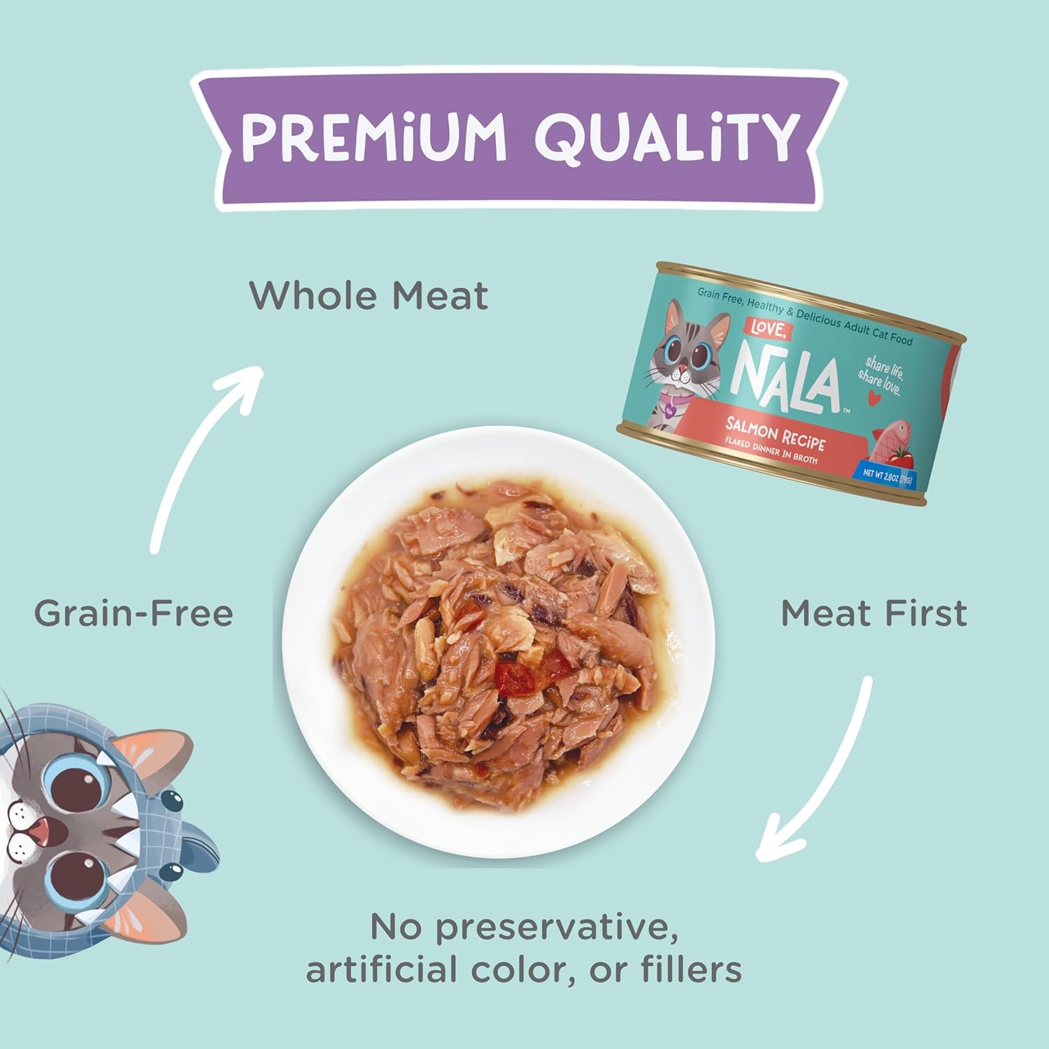 LOVE, NALA - Salmon Flaked in Broth - 24 Pack, 4.8 lbs - Natural Adult Cat Wet Food Flaked -Grain Free, Non-GMO, Lean Protein, Added Minerals & Vitamins