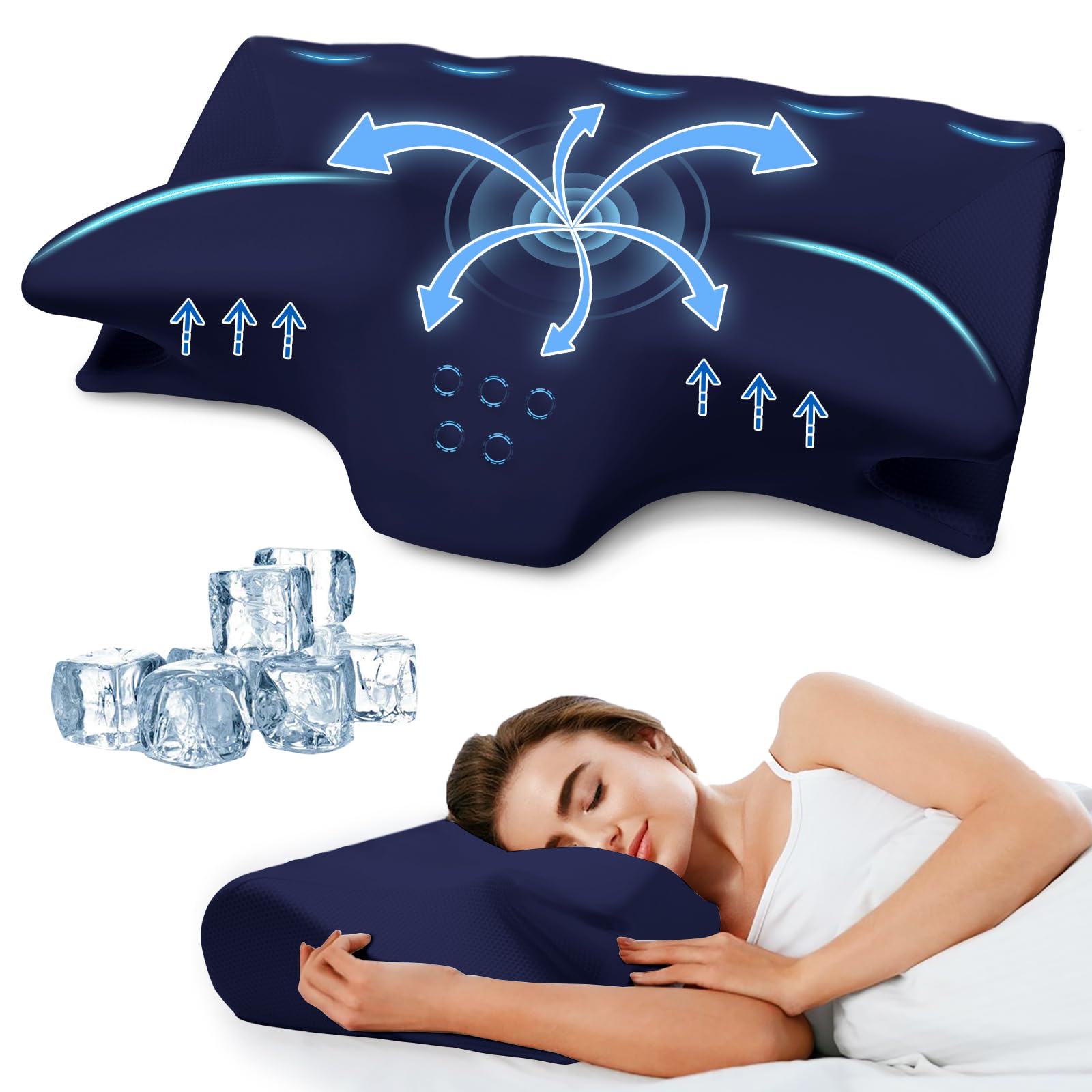 Cervical Pillow for Neck Pain Relief, Cooling Contour Memory Foam Pillows Support Odorless Ergonomic Neck Pillow Adjustable Orthopedic Bed Pillow for Side Back Stomach Sleeper with Pillowcase (Navy)
