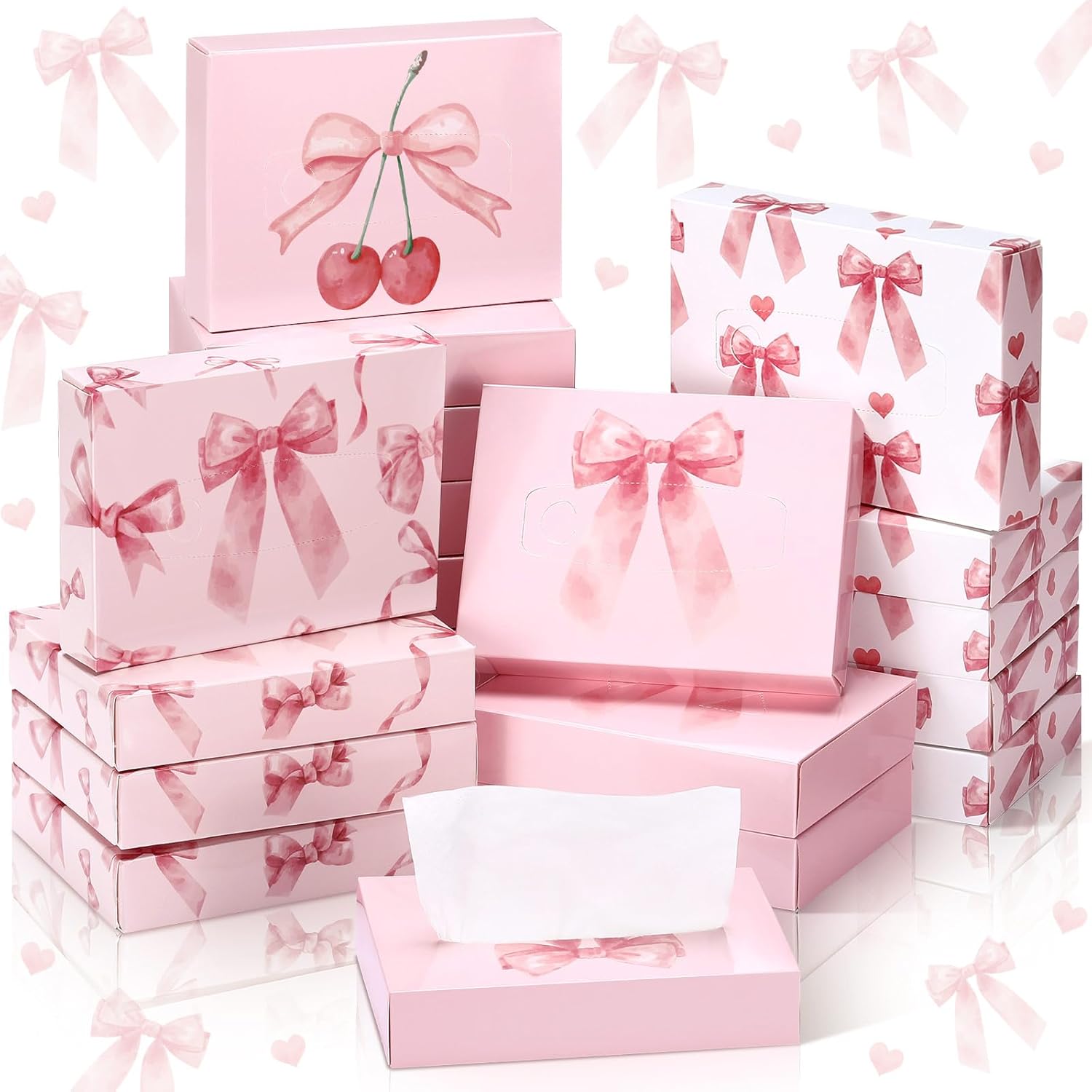 TaoBary 24 Packs Pink Bow Small Boxes of Tissues Car Facial Tissue Boxes Disposable Tissue Packs Cube Facial Tissues 2 Ply 960 Sheets for Holiday Party Bathroom Office Floral Home Decor