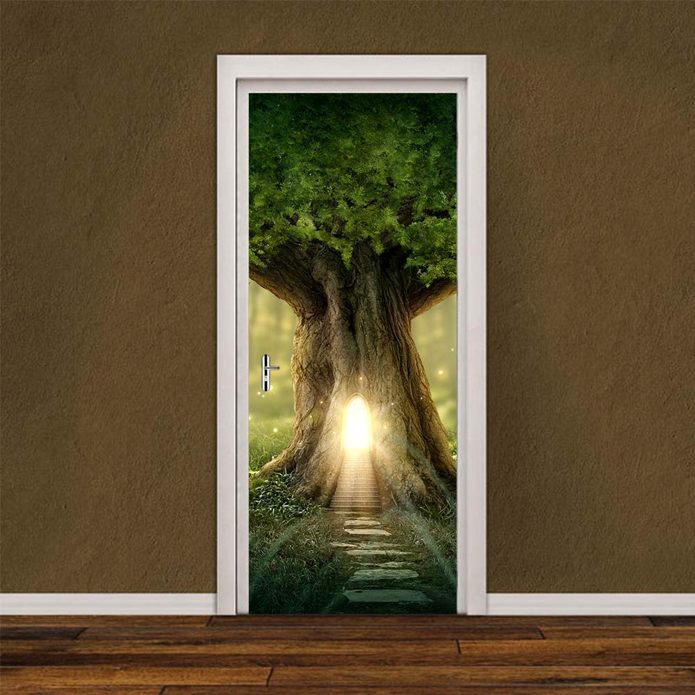 Papier peint trompe l'oeil nature pour décorer une porte de salon
