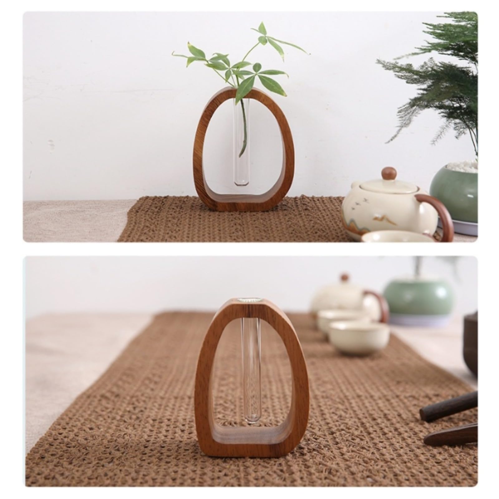 Blumenvase aus Walnussholz und Glas, transparentes Reagenzglas, kleine Blumenvasen, Massivholz-Glasvase, kreativer Walnussholzrahmen, Schreibtisch, Hydrokultur-Ornamente für Zuhause und Büro Desktop