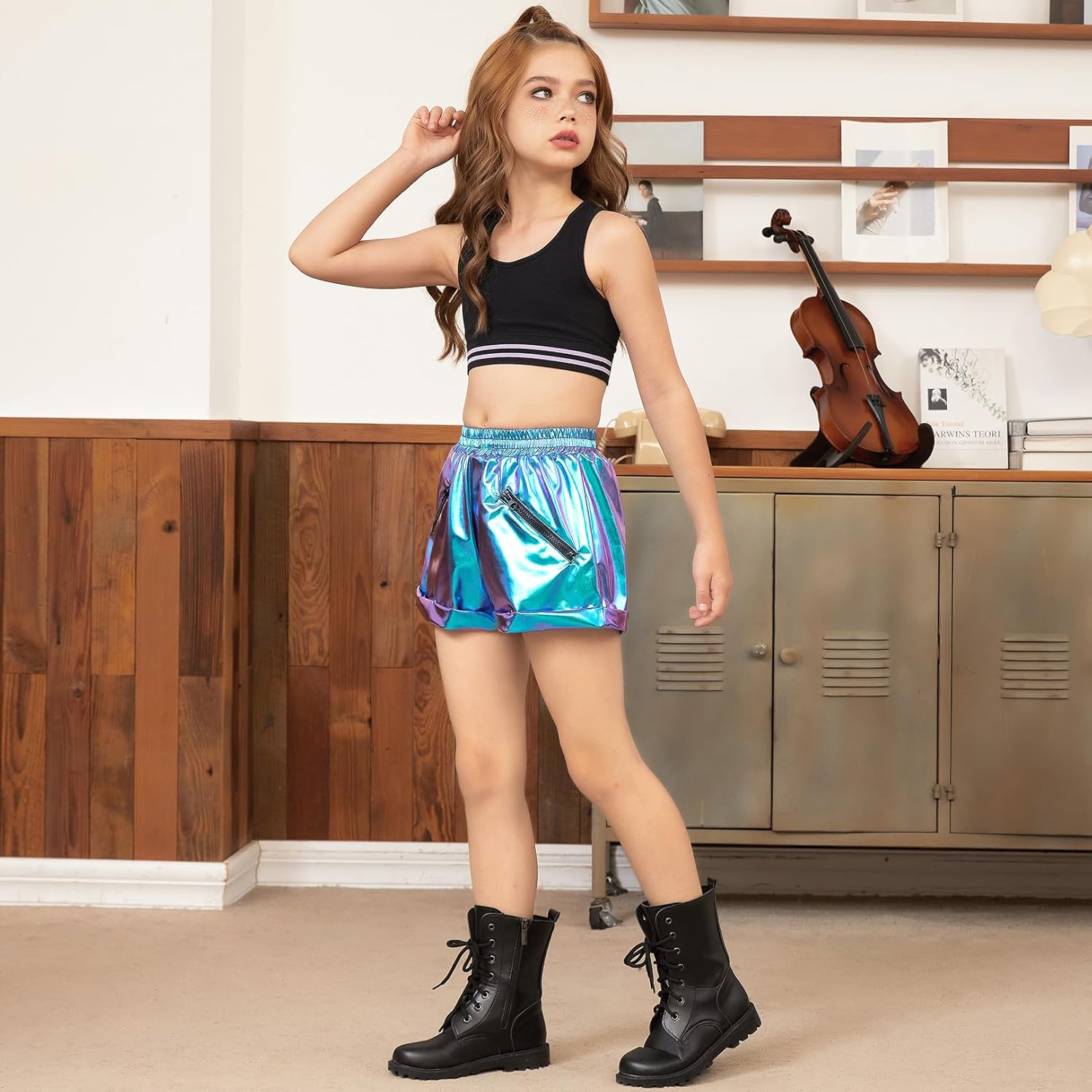 Girls Metallic Shorts Shiny Dance Outfits Sparkly Hot Pants Party Costumes Shorts with Zipper Pockets - Image 4