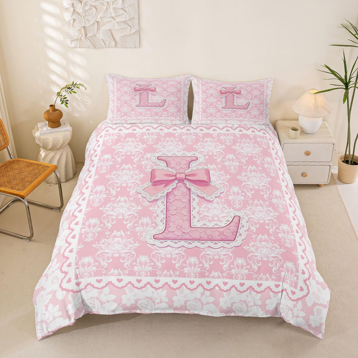 Homewish Początkowa litera koronka L kokardka różowa super king poszewka na kołdrę kwiaty kokarda zestaw pościeli Kawaii dziewczyny dzieci alfabet poszewka na kołdrę ciepła miękka pościel