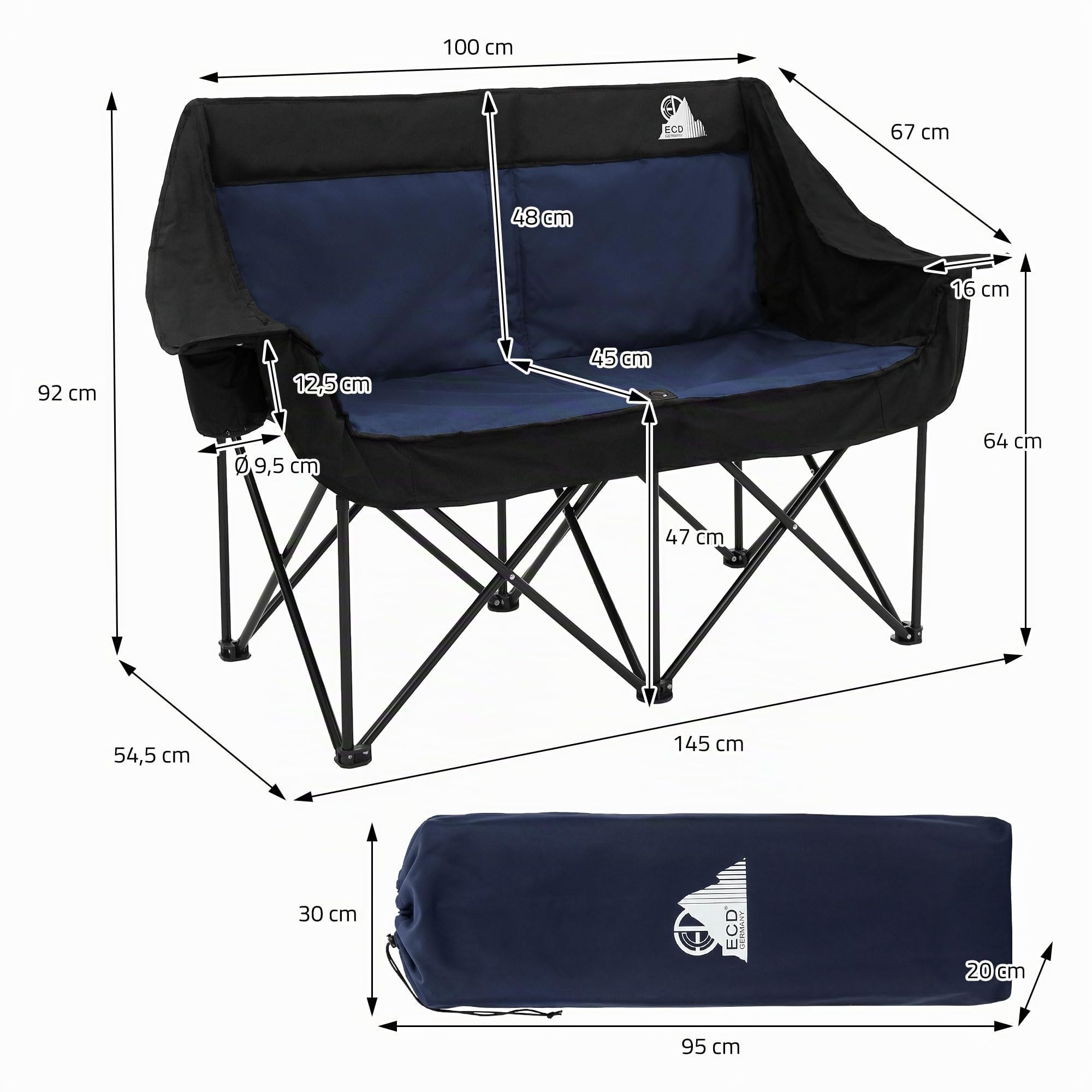 ECD Germany Campingstuhl faltbar für 2 Personen, Campingsofa klappbar 2-Sitzer, Doppel Klappstuhl mit Stahlgestell, Faltsofa gepolstert, Campingcouch stabil für Outdoor Camping und Angeln, Blau/Khaki