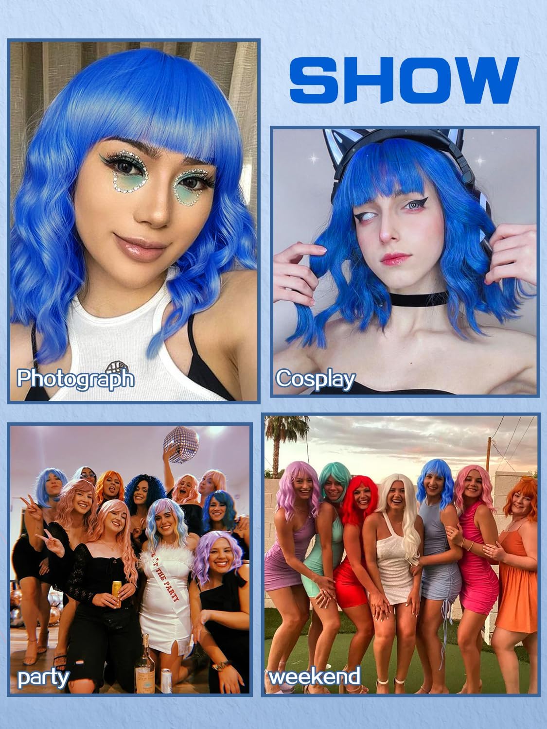 Colorfulpanda Short Bob Blue Wigs for Women Shoulder Length Wavy Curly Wig with Fringe Natural Synthetic Heat Resistant Hair Wig Daily Party wig 14 Inch - Image 4
