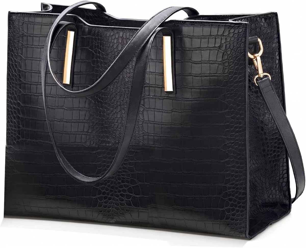 Bolsa de trabajo para computadora portátil de 15,6" para mujer, maletín grande para computadora, negro | 2 bolsillos para vasos. Liviano, 2,2 libras, capacidad de 20 litros. Cuero vegano. Resistente al agua. Largo 17” x Alto 12” x Ancho 5,5”. Caída del mango 11".