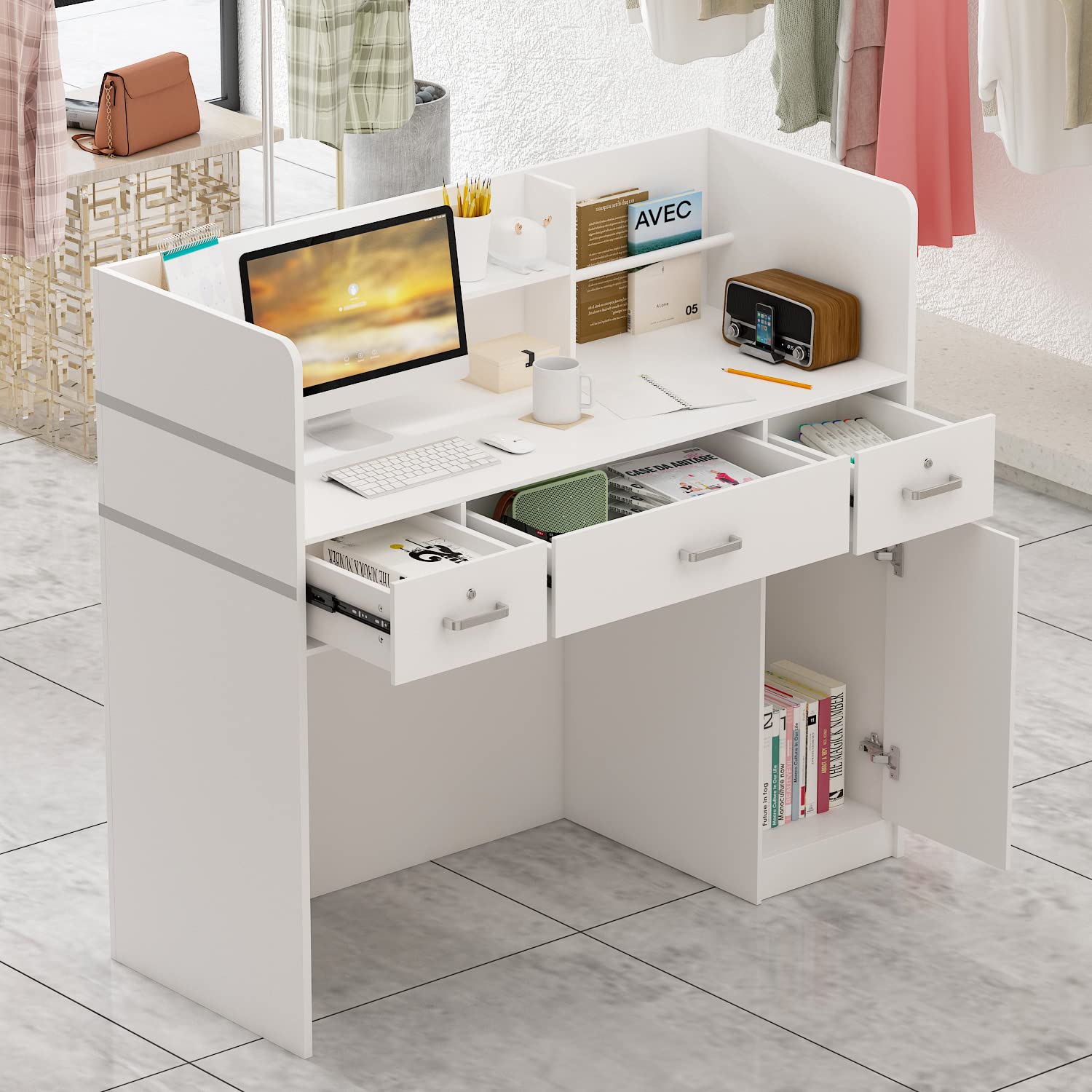 Caldion Mostrador de Recepción para Caja y Venta al por Menor, Mesa de Mostrador con Gran Espacio de Almacenaje, Cintas Plateadas, para Oficina Boutique SPA Blanco
