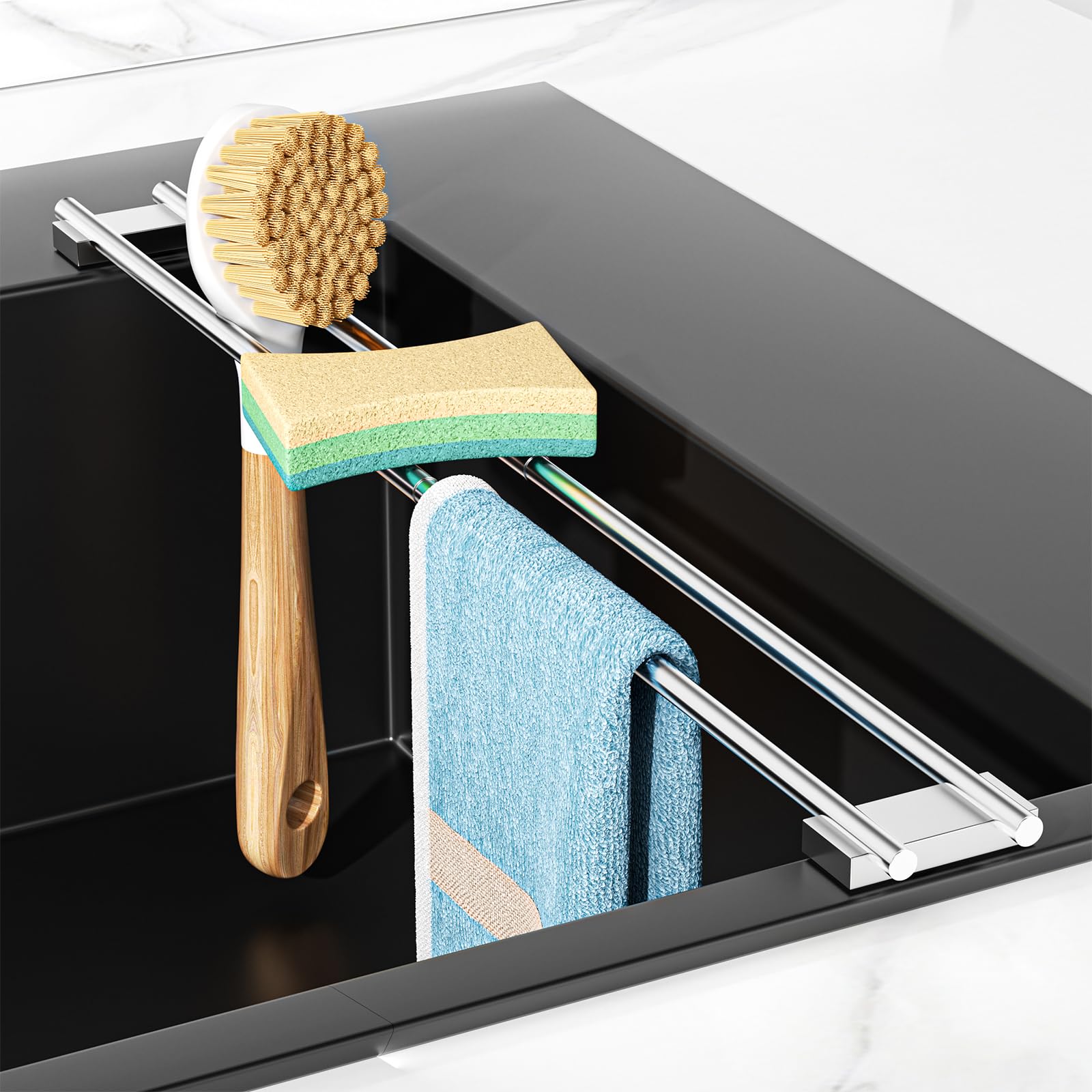 Support de torchon réglable en acier inoxydable pour évier de cuisine organisé