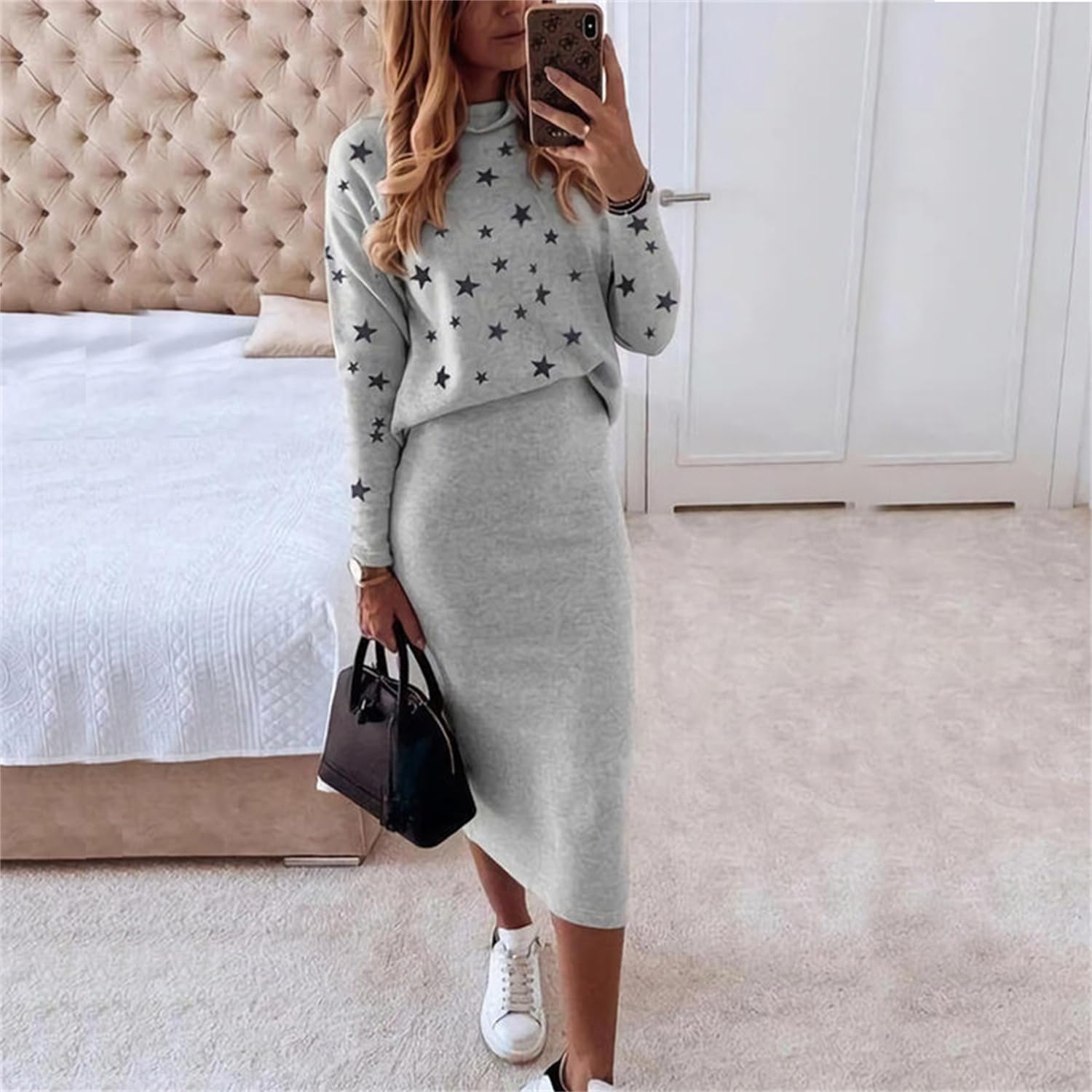 Abito Maglione Donna Abito a Due Pezzi Abito a Maglia Top + Gonna Midi Lavorata a Maglia Elegante Set da 2 Pezzi Abito Invernale Aderente Gonna Lunga Completo per Il Tempo Libero