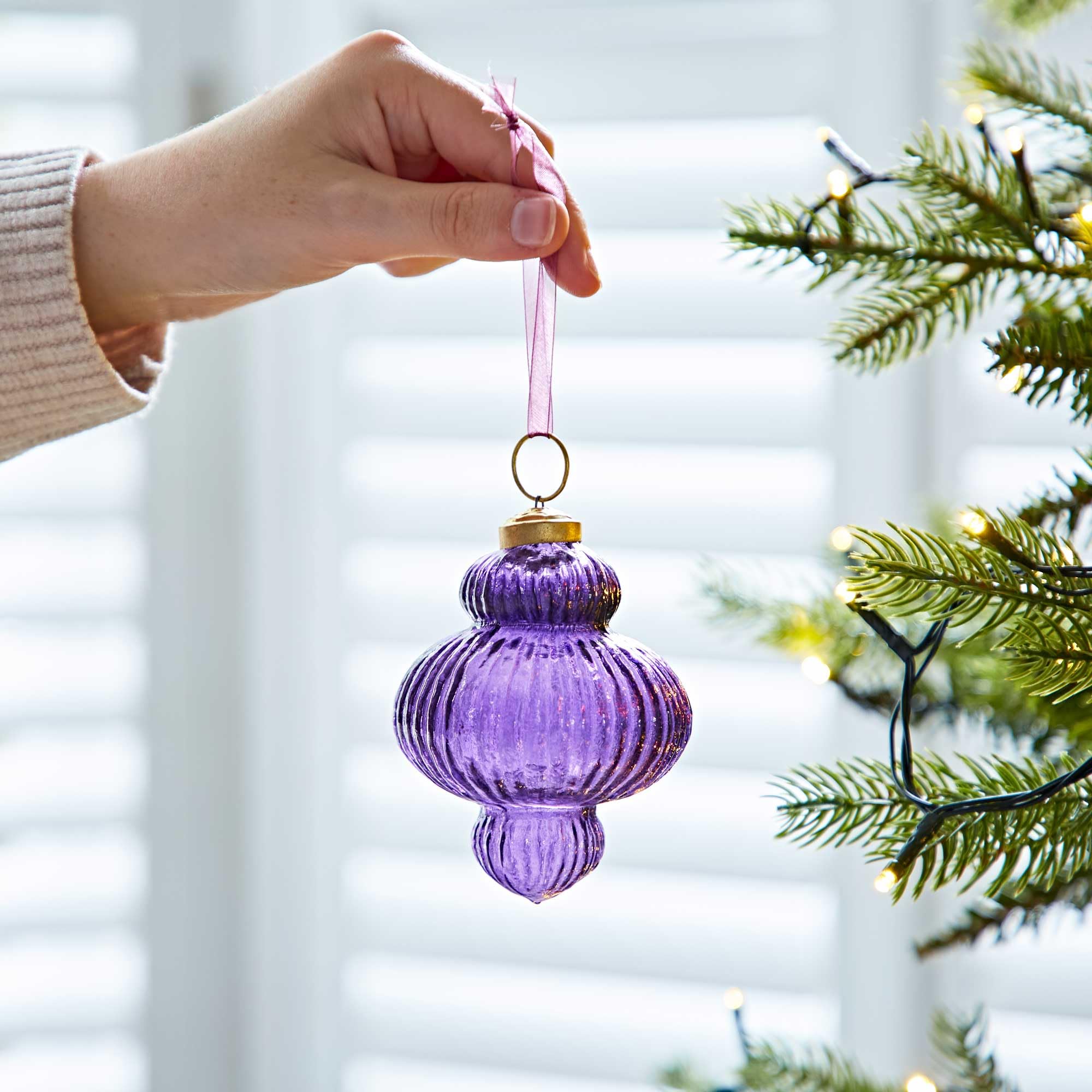 Coloured Recycled Glass Lantern Baubles - Fair Trade Holiday Décor - handmade Xmas Hanging Glass Ornaments - Christmas Tree Decoration (Purple)