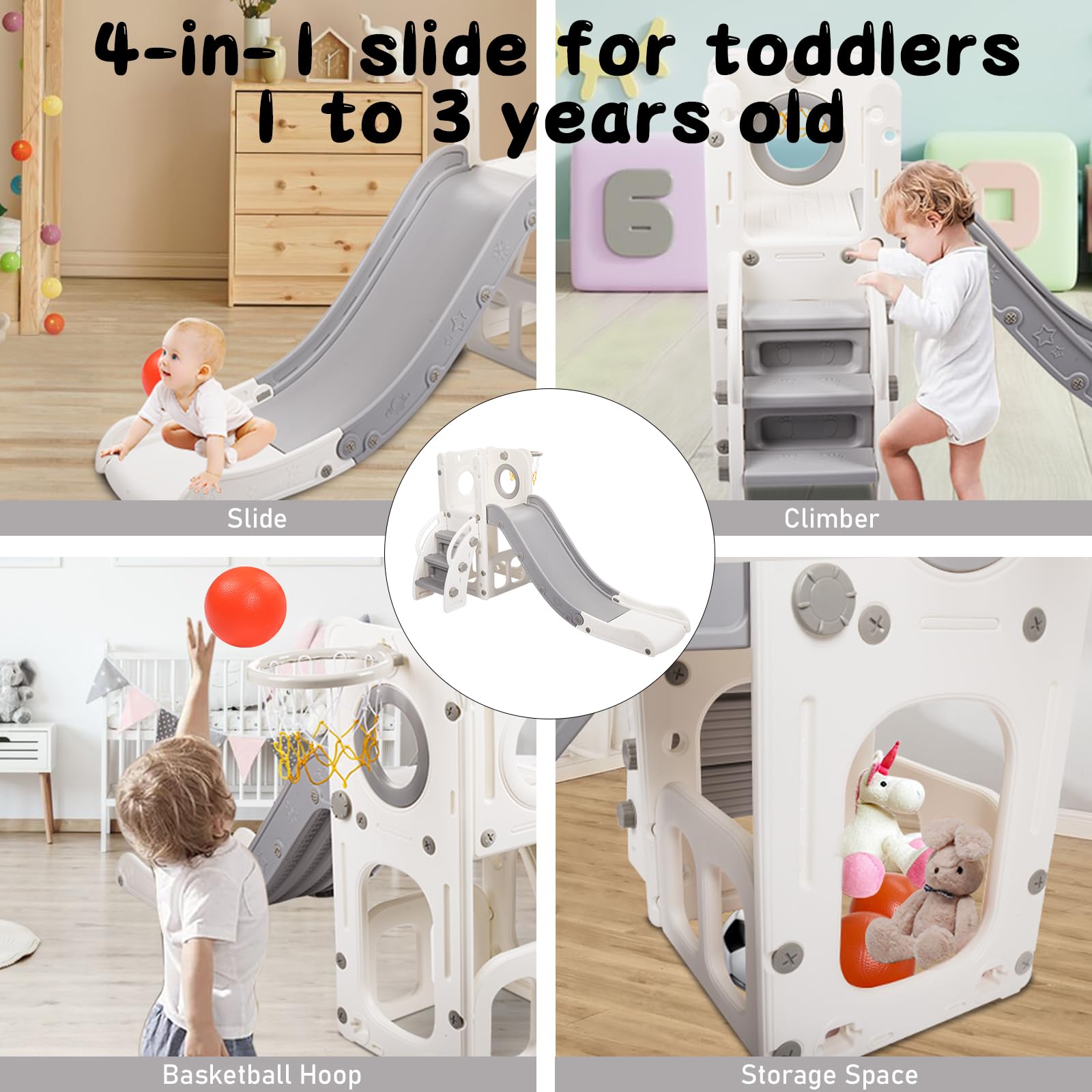 HLC Kinder-Rutsche mit Rutsche 140 cm und Basketballkorb, Kinderspielplatz-Stil, Beige, für Kinder von 1 bis 3 Jahren