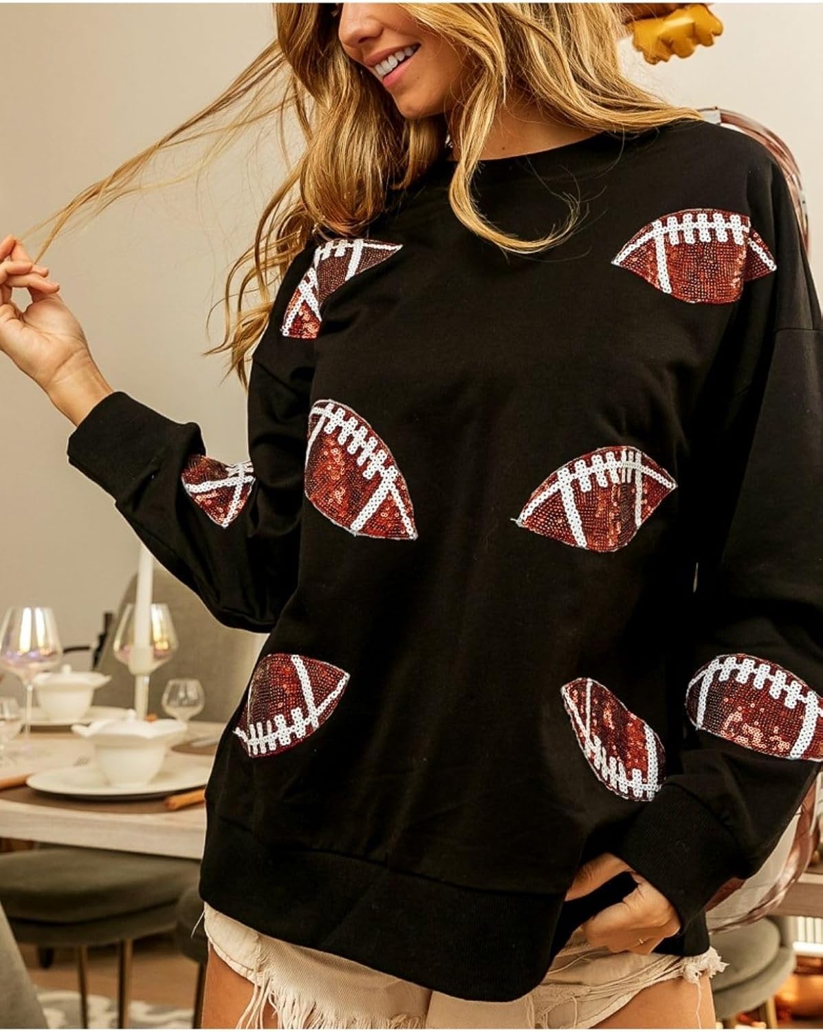 Womens Football Sequin Embroidery Loose Fit Sweatshirt Casual Crewneck Pullover Long Sleeve Gameday Tops - Image 5