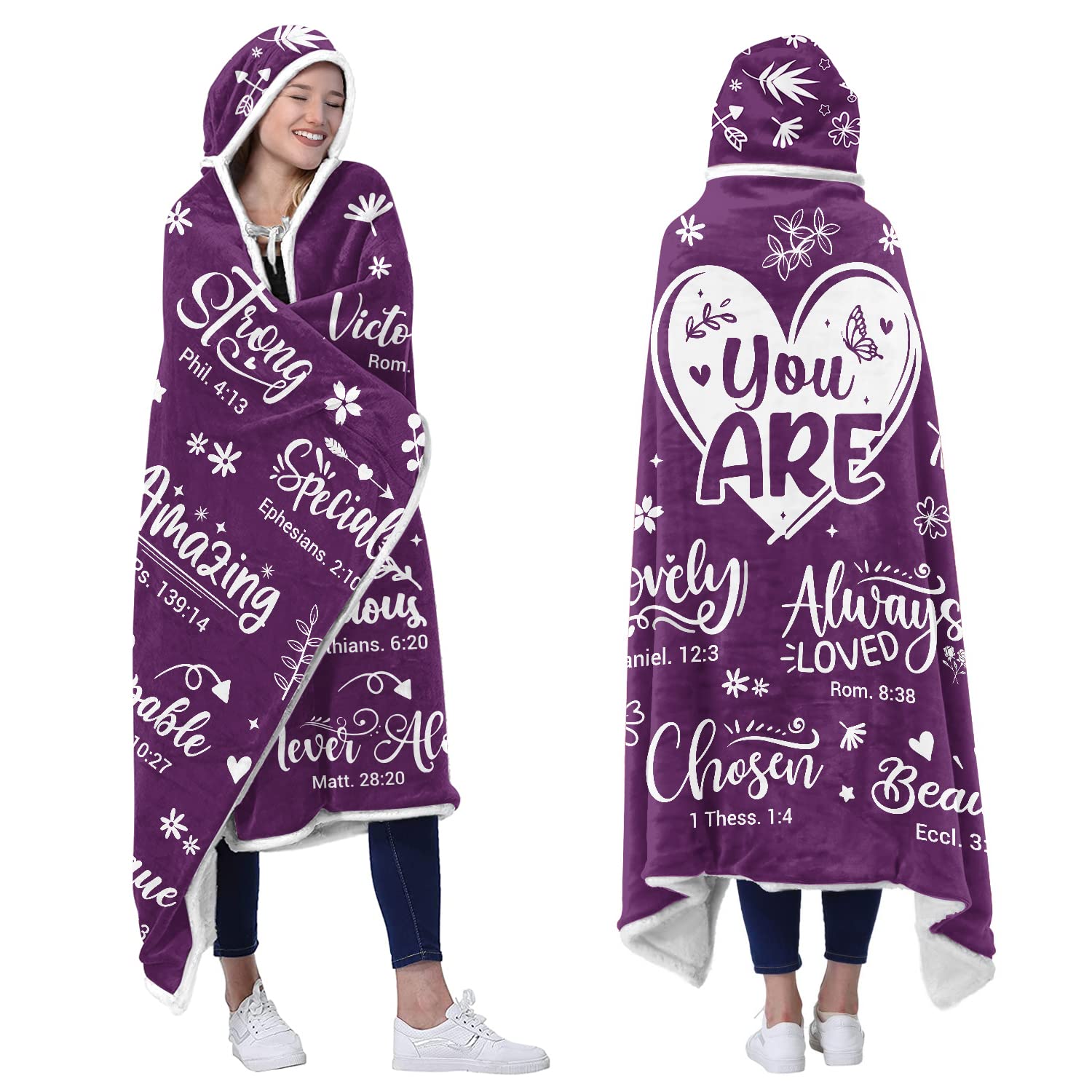 Bible Verse Fleece Wearable Blanket Hoodie - Inspirational Christian Gifts for Women Mom Sister Female Her Wife - Birthday Gifts for Women - Women Gifts for Christmas Purple