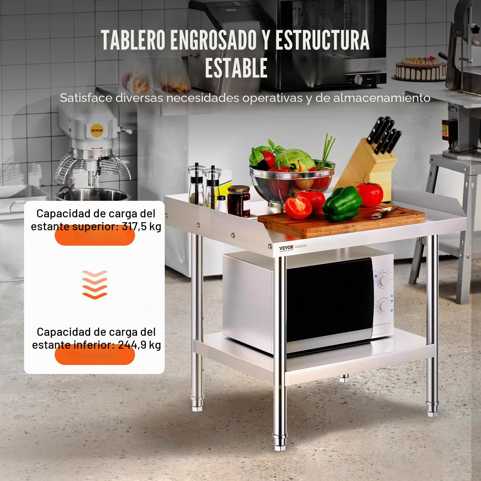 VEVOR Mesa de Trabajo de Acero Inoxidable Mesa de Trabajo Comercial para Preparación de Alimentos Protector contra Salpicaduras de 3 Lados 610 x 711 x 660 mm Altura Ajustable para Restaurantes
