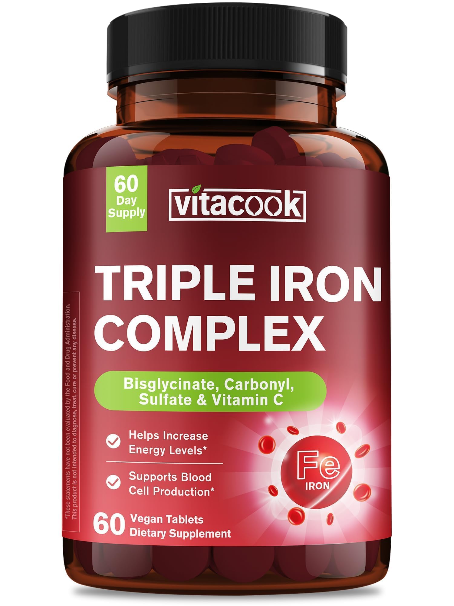 Iron Supplement for Women & Men, 3-in-1 65mg Iron Pills, Bisglycinate, Sulfate, Carbonyl Iron with Vitamin C, Enhanced Absorption, Energy, Red Blood Cell Support, Gentle, 60 Tablets