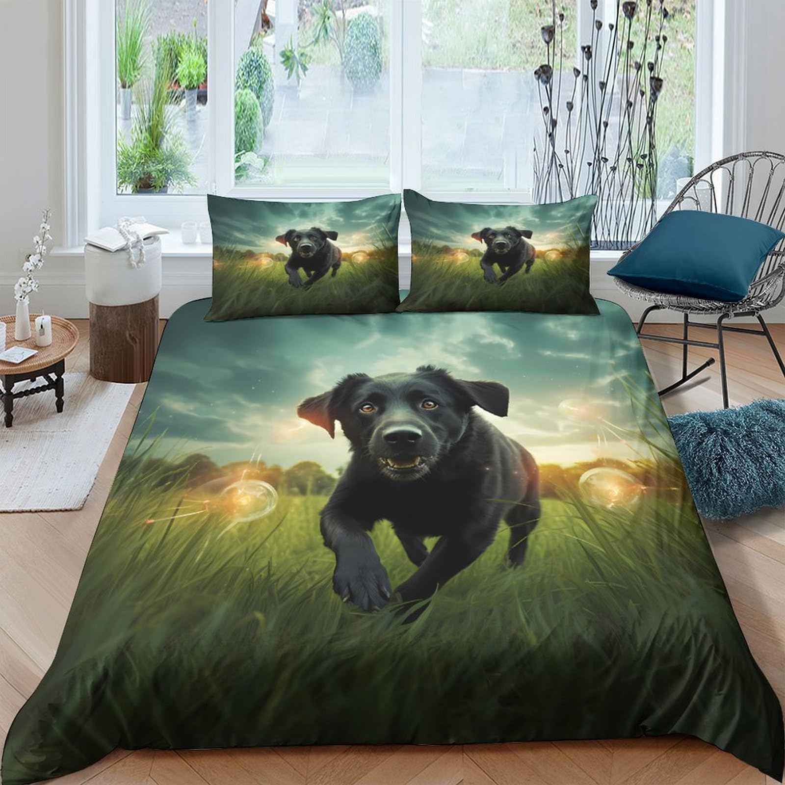 GPLZQXKJNH 3D Printed Black Labrador Running in Meadow Duvet Cover Set Microfiber Soft Breathable Sunset Landscape Bedding for Bedroom Decor, 2 Pillowcases Single（135x200cm）