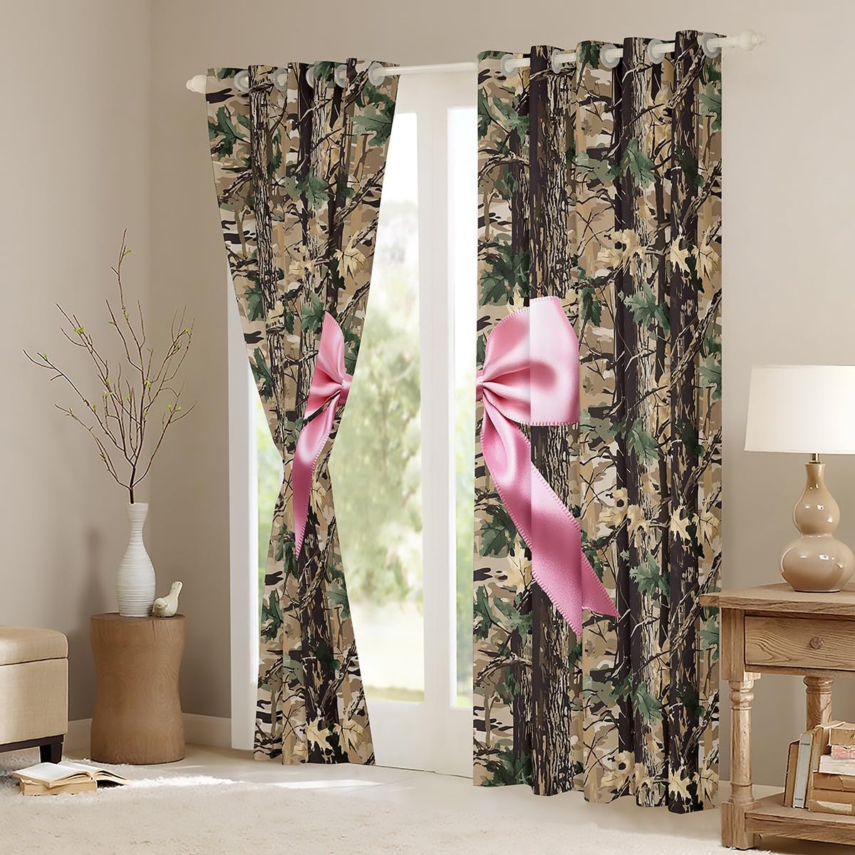Erosebridal Bowknot Window Curtains 38" Wx54 L, 2 Panels Camo Blackout Curtains for Kids Girls Boys Hunting Woodland Bow Ribbon Wildlife Deer Brown Pink Lightweight Window Treatments Drapes