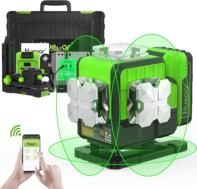 Huepar Laser Level 3D Cross Line Self-Leveling Laser Level 3 x 360 Green Beam Three-Plane Leveling and Alignment Laser Tool, Li-ion Battery with Type-C Charging Port & Hard Carry Case Included