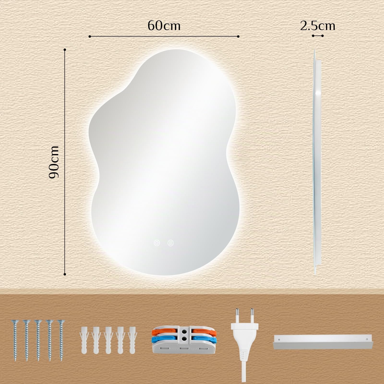 Clevich Miroir de Salle de Bain avec éclairage asymétrique 90 x 60 cm, Miroir LED avec 3 Couleurs de lumière à intensité Variable, Verre trempé, Interrupteur Tactile, Fonction mémoire, Anti-buée
