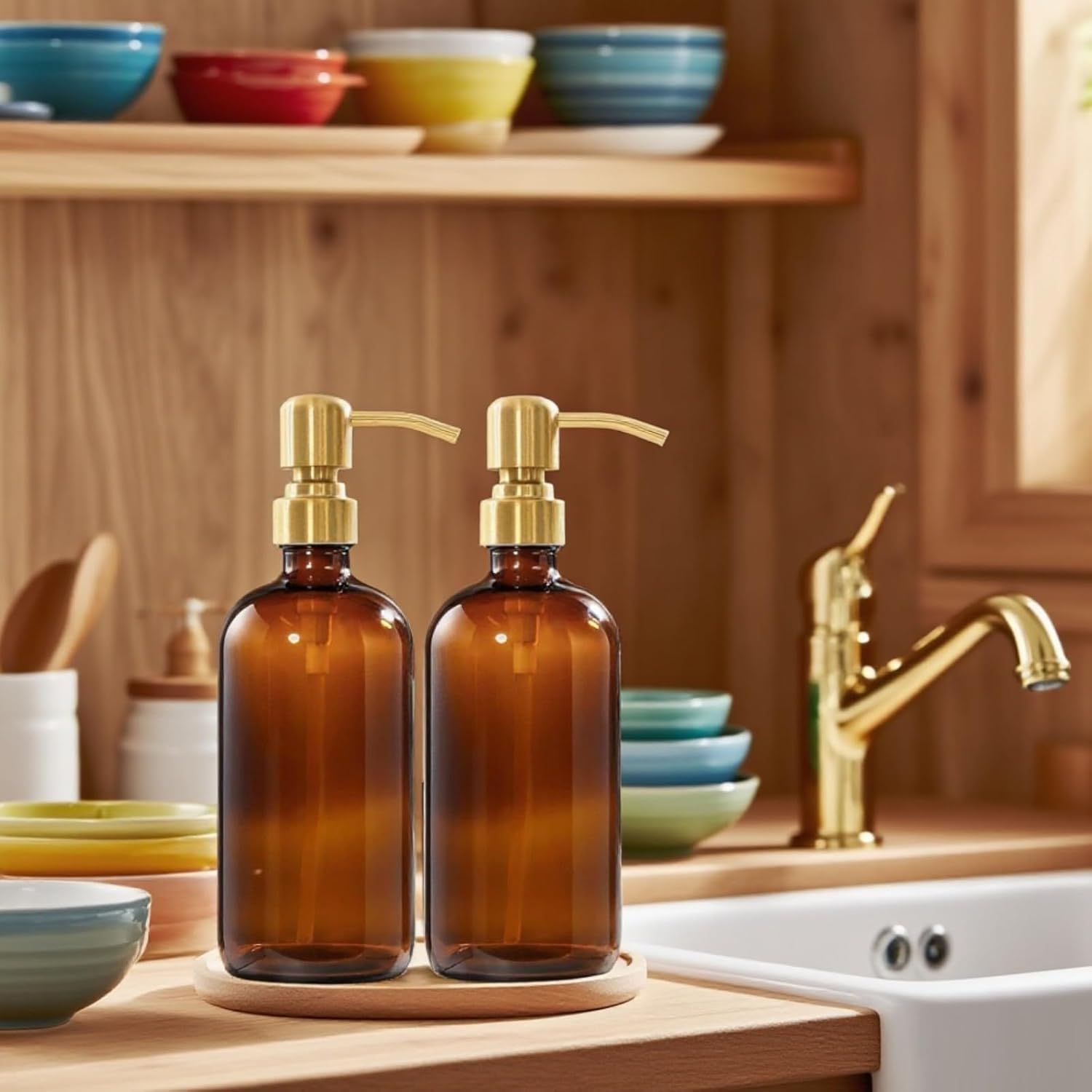 Glass Soap Dispenser Set, Hand and Dish Soap Dispenser Set with Bamboo Tray Modern Farmhouse Kitchen-Brown