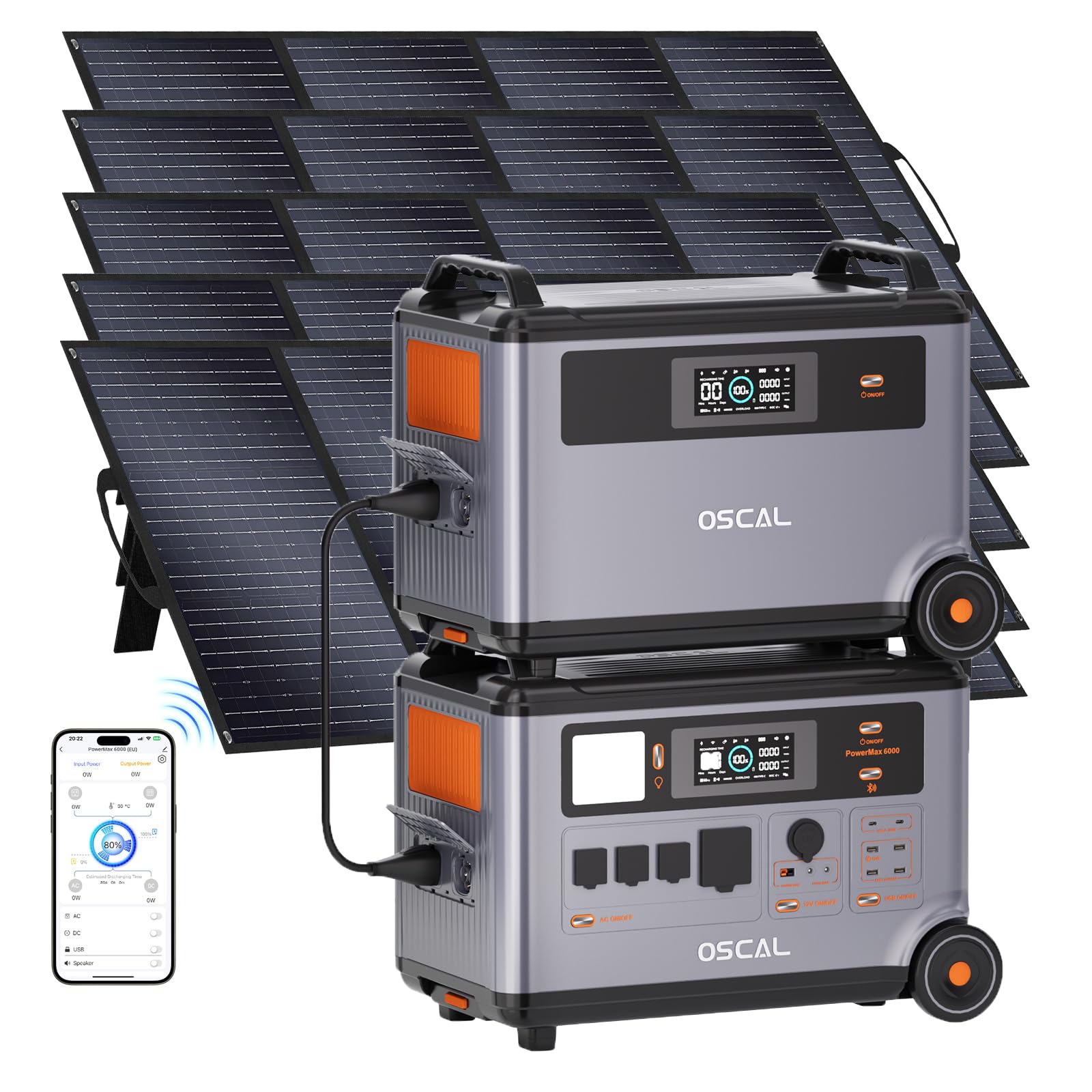 OSCAL 6000W 9000W Peak Portable Solar Power Station with 5 200W Solar Panels 3600Wh LiFePO4 Battery with 3600Wh