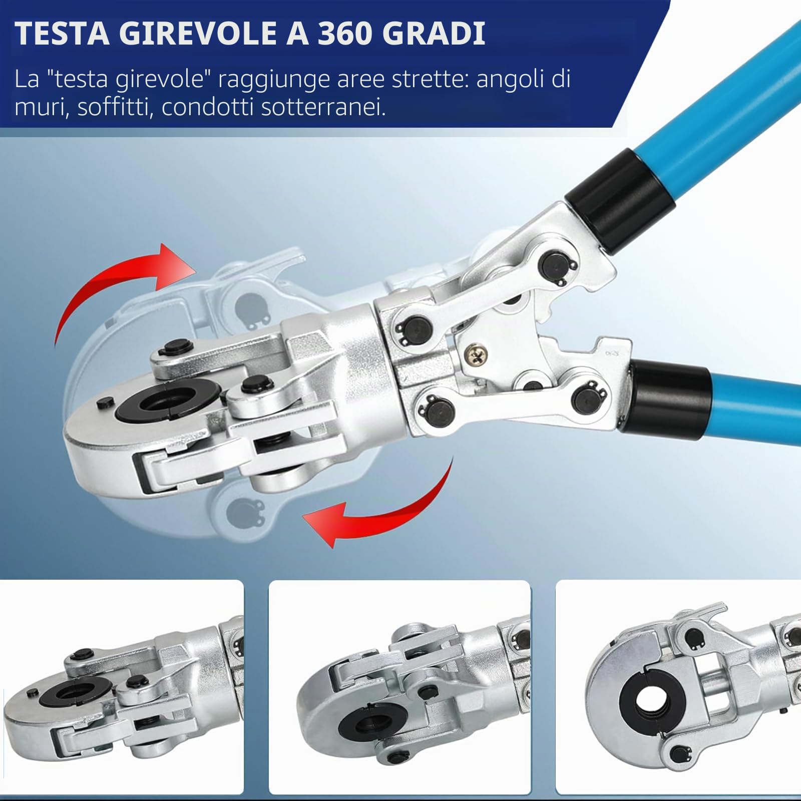 Pinza per Serra Multistrato, Pressatrice Tubi Multistrato, Crimpatrice Multistrato, 4 Matrici U 16-20-25-32 mm, con Testa Girevole a 360°, Maniglia Retrattile, per Tubo PEX, Tubo Composito