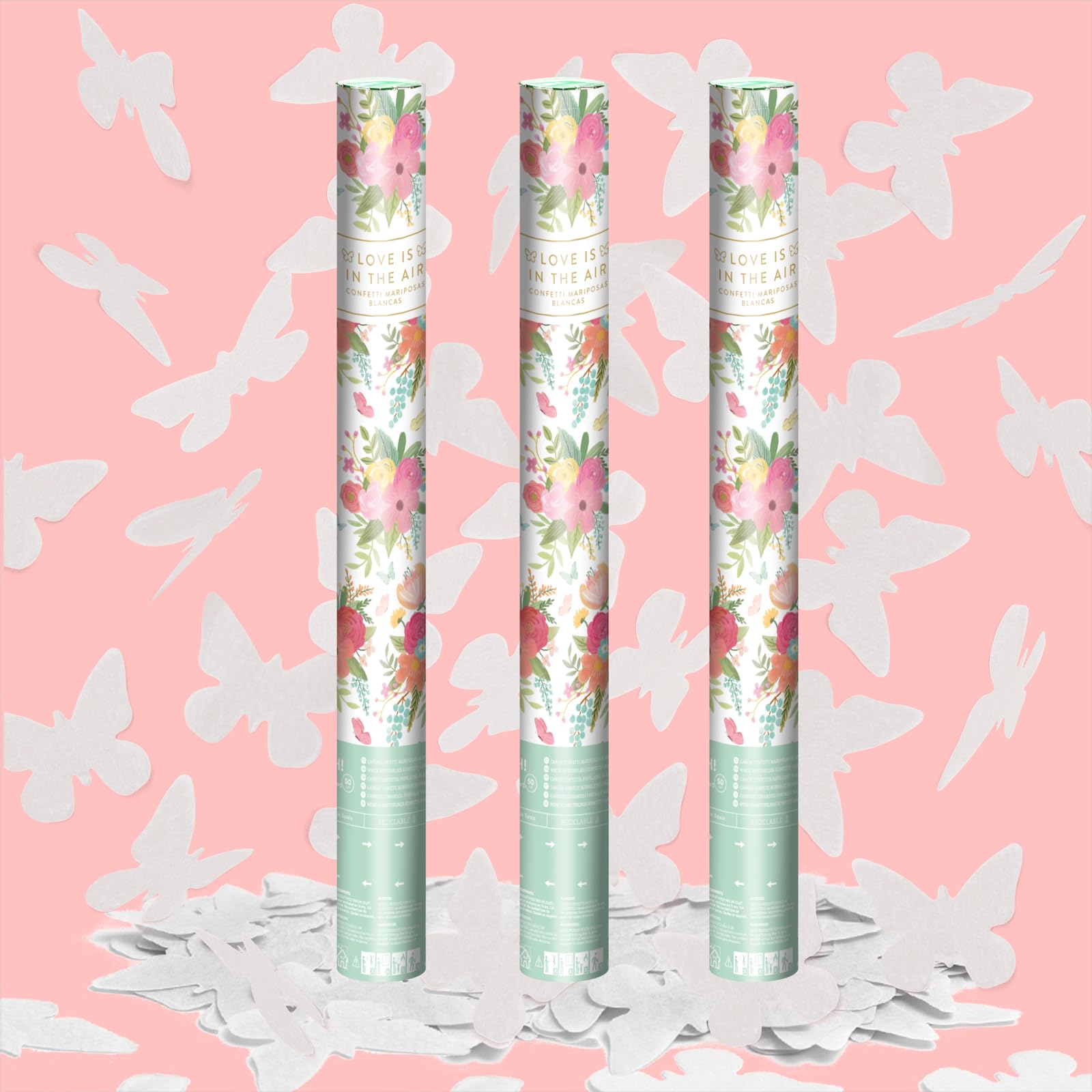 OH YEAH - 3 Unidades - Cañón Confeti Mariposas Blancas 50 cm - Confeti Mariposas color Blanco - Boda - Fiesta - Eventos - Cañón Fiesta 50 cm - FÁCIL USO