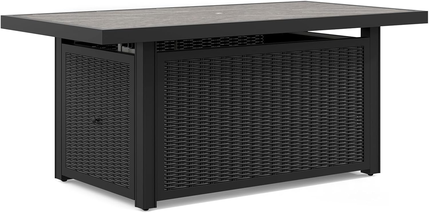 Signature Design by Ashley Beachcroft Casual Weather and Rust Resistant Battery-Operated Outdoor Fire Pit Table with Adjustable Flame Control and Protective Cover, Black & Light Gray