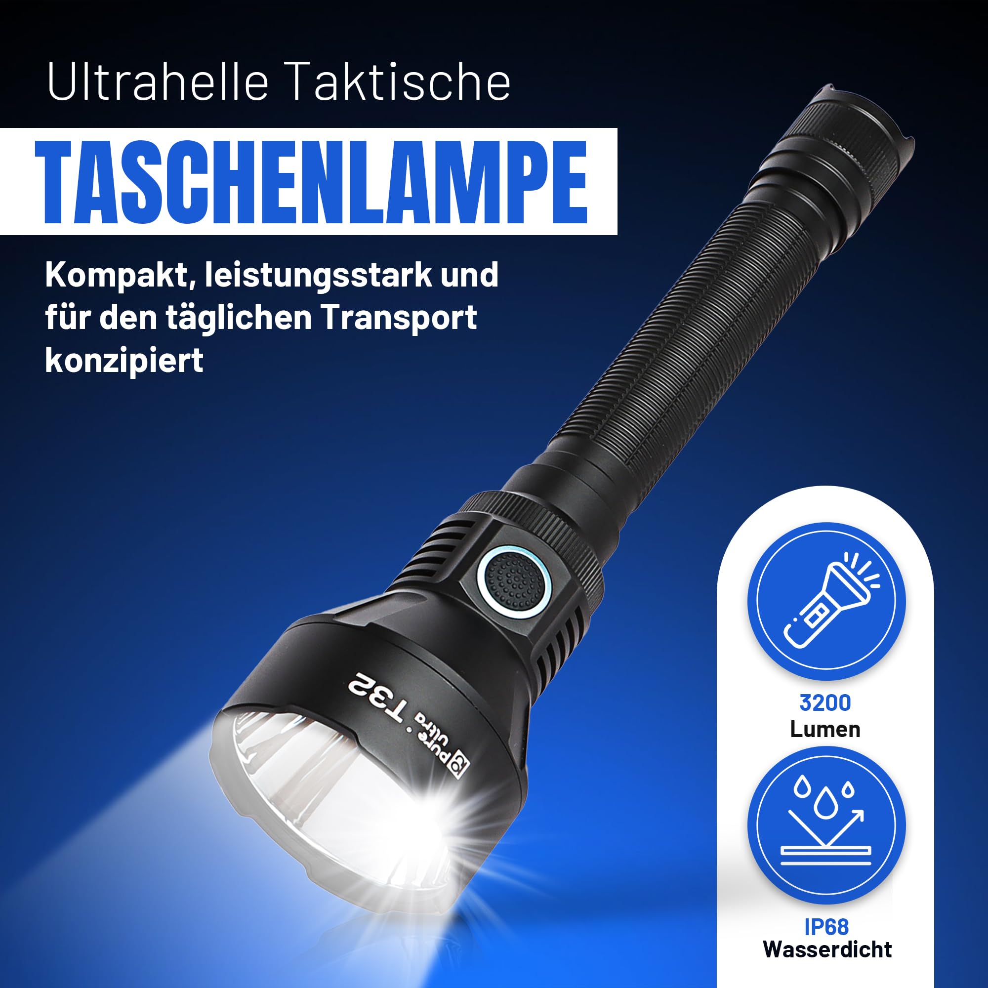 T32 LED Taschenlampe 3200 Lumen – Taktische Einsatzlampe mit 1150 m Reichweite, Stroboskop, USB-C, Holster, IP68, 18650 Akku aufladbar (Basic-Kit)