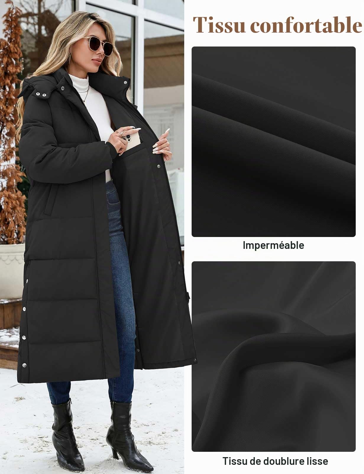 Manteau Femme Hiver Longue Doudoune Veste Matelassée Chaud Manteaux à Capuche Blouson Zippé Parka Long Jacket Casual Outercoat avec Poches