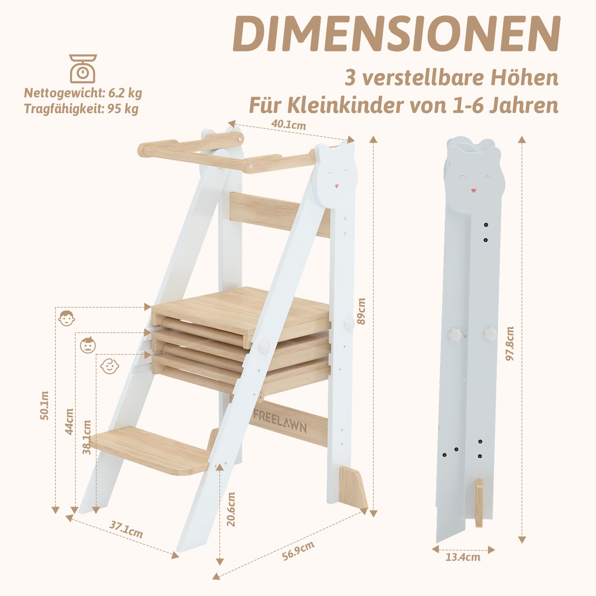 Lernturm Klappbar & 3-Fach Höhenverstellbar - Kippsicherer Learning Tower aus Kiefernholz - Mitwachsender Trittschemel für Kinder (1-5 Jahre) - Stabiler Küchenhelfer & Entdeckerturm (Weiß)