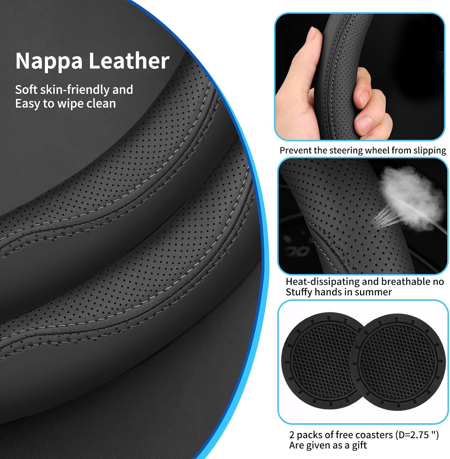 Anti-Slip Steering Wheel Cover for Mazda CX5/CX-5 CX50/CX-50 CX3/CX-3 CX30/CX-30 CX9/CX-9 Mazda 3 Mazda 5 Mazda 6 MX-5 Miata CX-7 RX-8 GS GT Sport Touring Accessories (Black Leather 14.76"-15")
