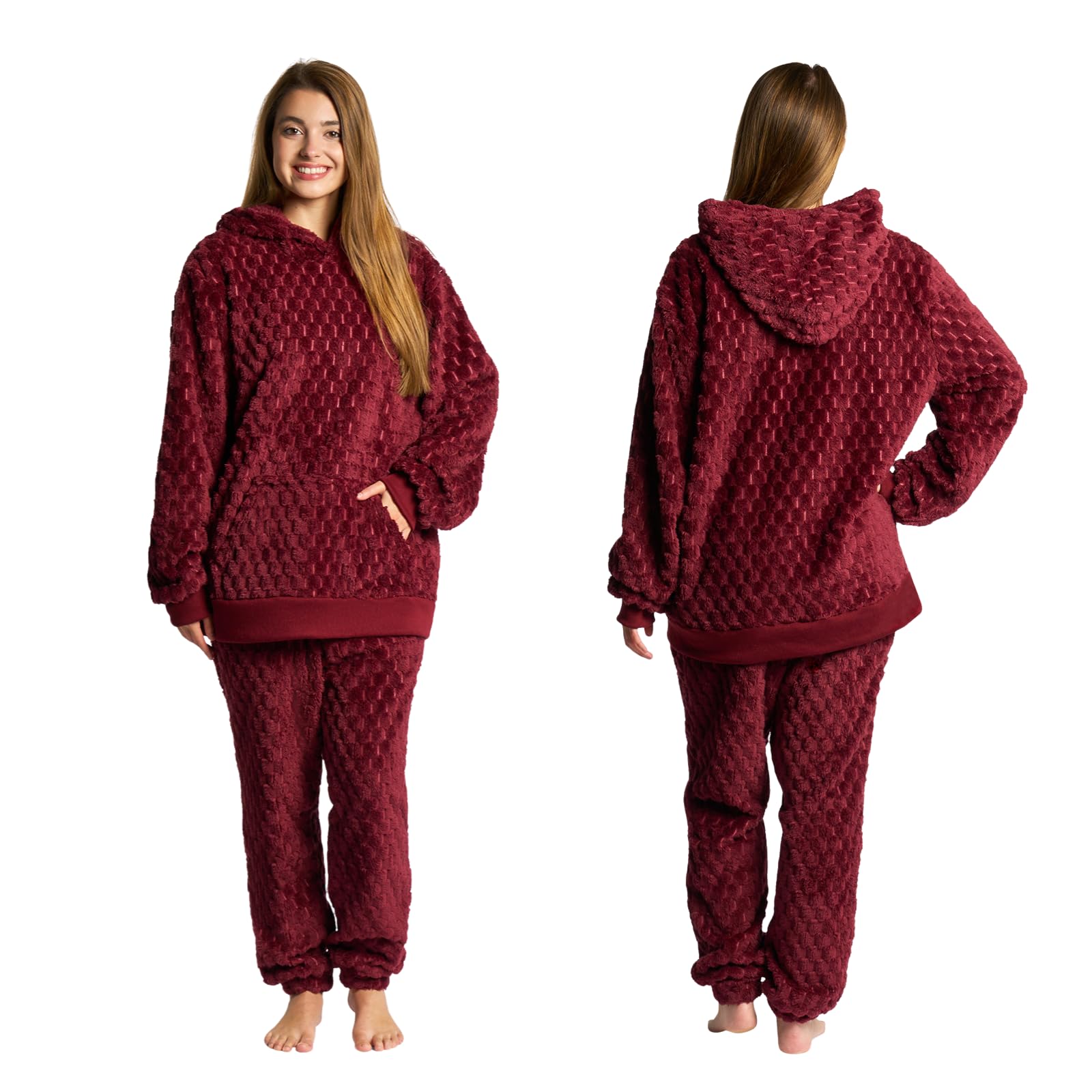 OHS Mens Pyjamas Set, Two Piece Waffle Fleece Pyjamas Women Hooded Top Elasticated Cuff Bottoms Soft Warm Winter Fleece Loungewear Women, Burgundy