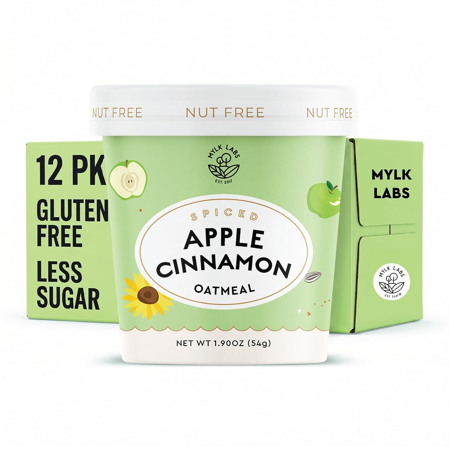 Mylk Labs Apple Cinnamon Protein Oatmeal Cups, Whole Grain, Low Sugar, High Fiber Breakfast with Low Sodium, Quick & Easy, On the Go, Instant Oatmeal, Rolled Oats, Gluten Free, Vegan, No Nuts, 12 Pack