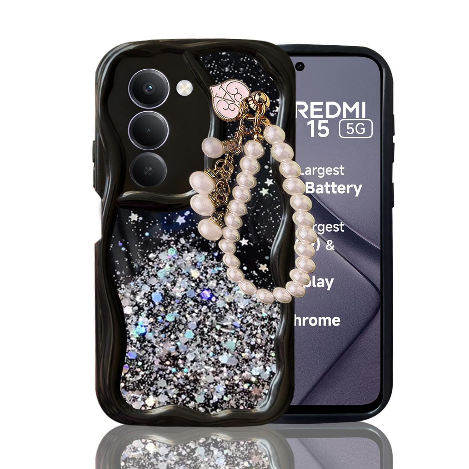 KC Back Cover for Redmi 15 5G – 3D New Curly Wave Dry Fixed Starry Glitter Pearl Wrist Hanging Chain Shockproof Soft Silicone Camera Protection Case (Black)