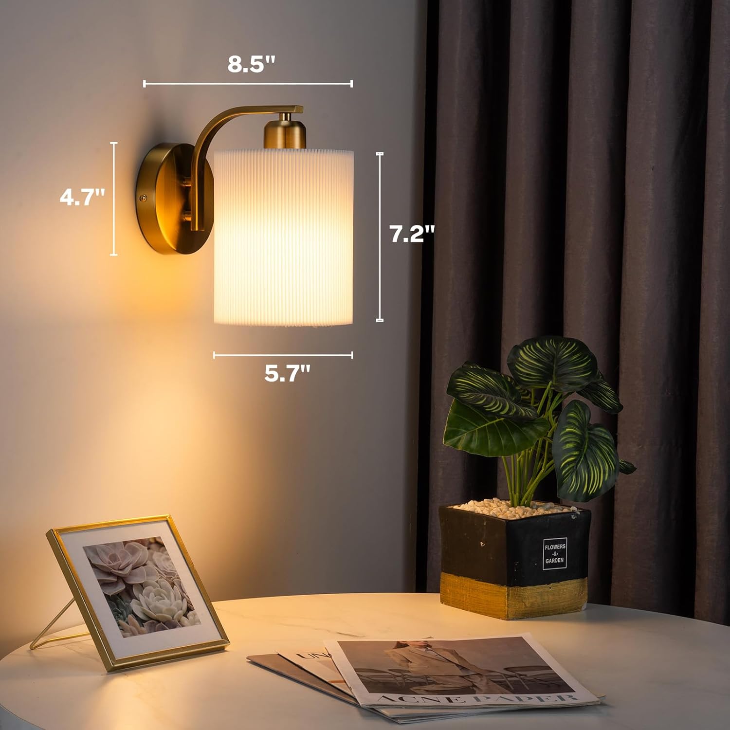 Battery Operated Wall Sconce, Pleated Lampshade Rechargeable Sconces with 13000mAh Bulb, Cordless Wall Sconces Set of 2, Battery Powered Wall Lamp/Lights for Bedroom, Gold