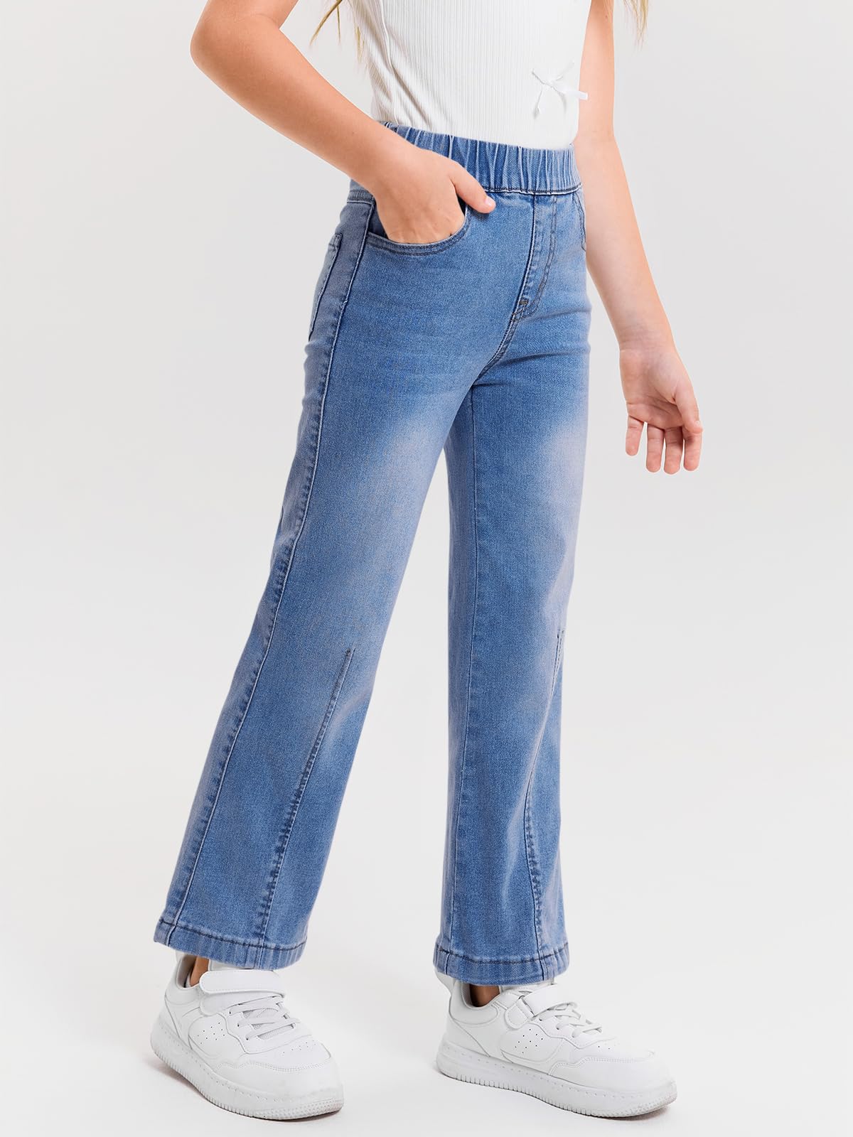 Haloumoning Jeans a gamba larga per bambine, con elastico in vita, 5-14 anni | Jeans elasticizzati e larghi con tasche